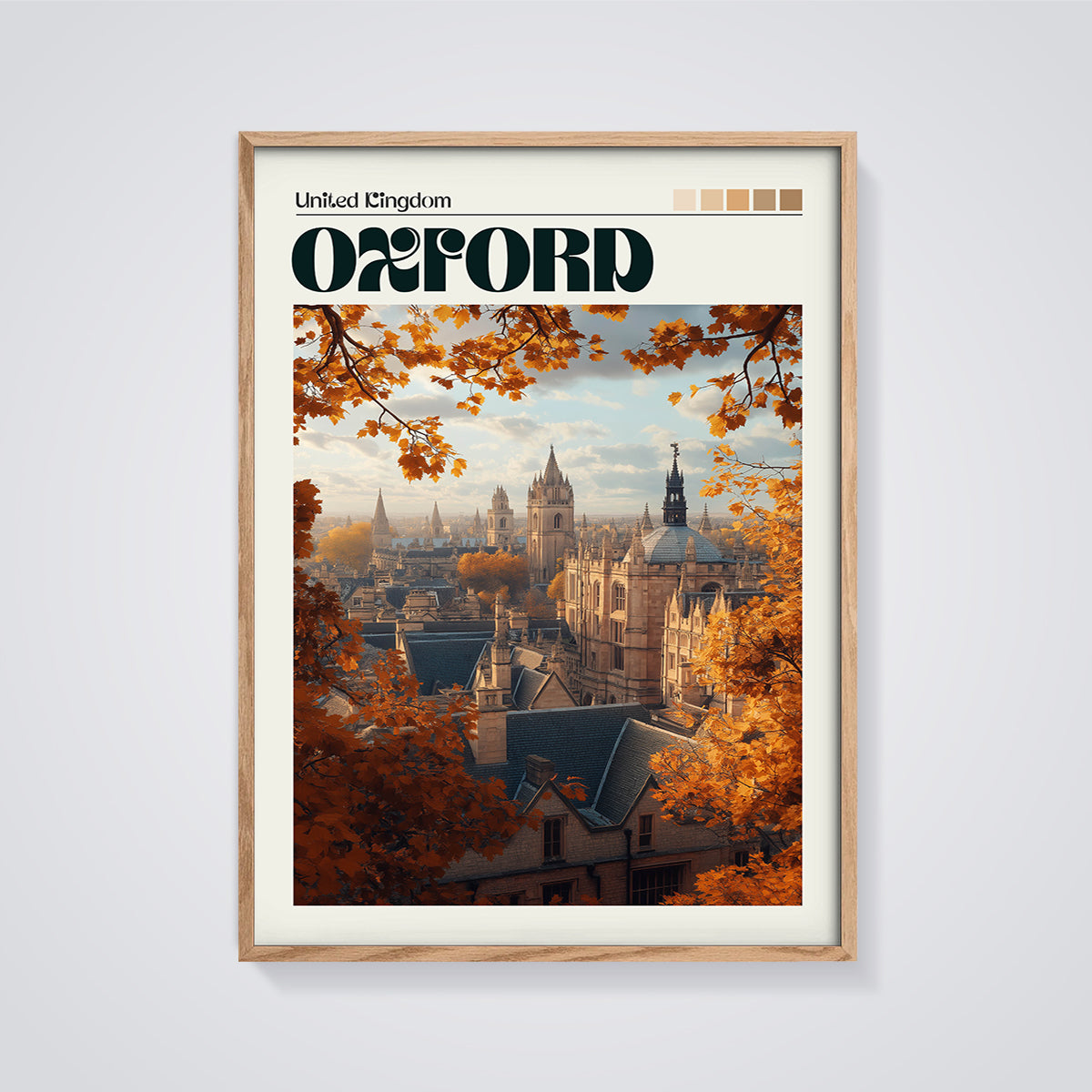 Oxford Autumn Cityscape Print framed in oak on a grey background