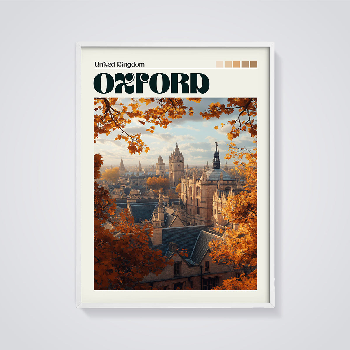 Oxford Autumn Cityscape Print framed in white on a grey background