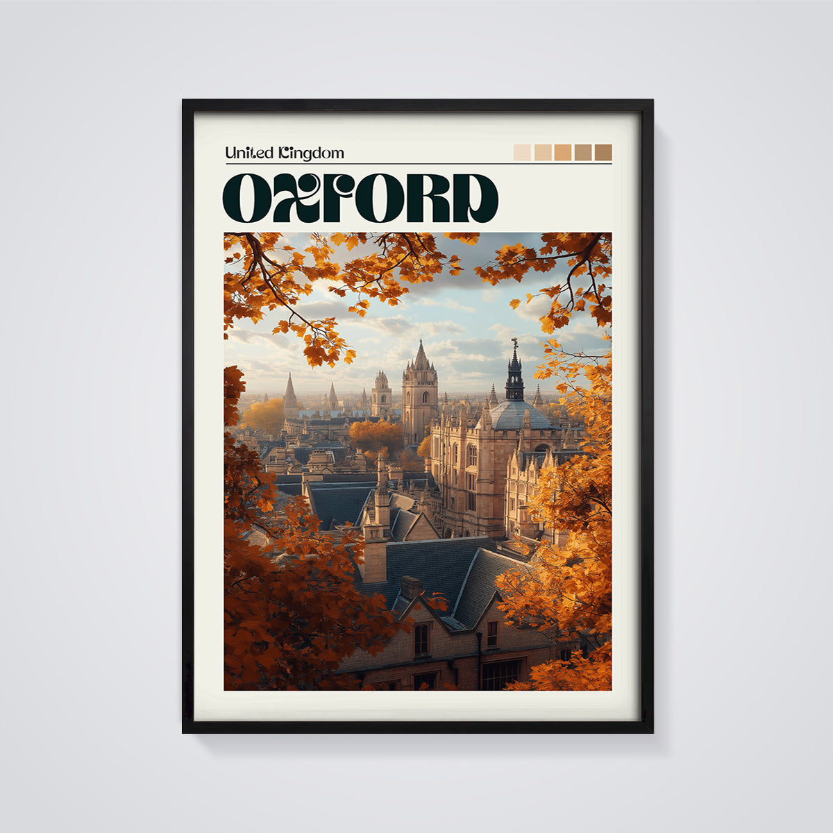Oxford Autumn Cityscape Print framed in black on a grey background