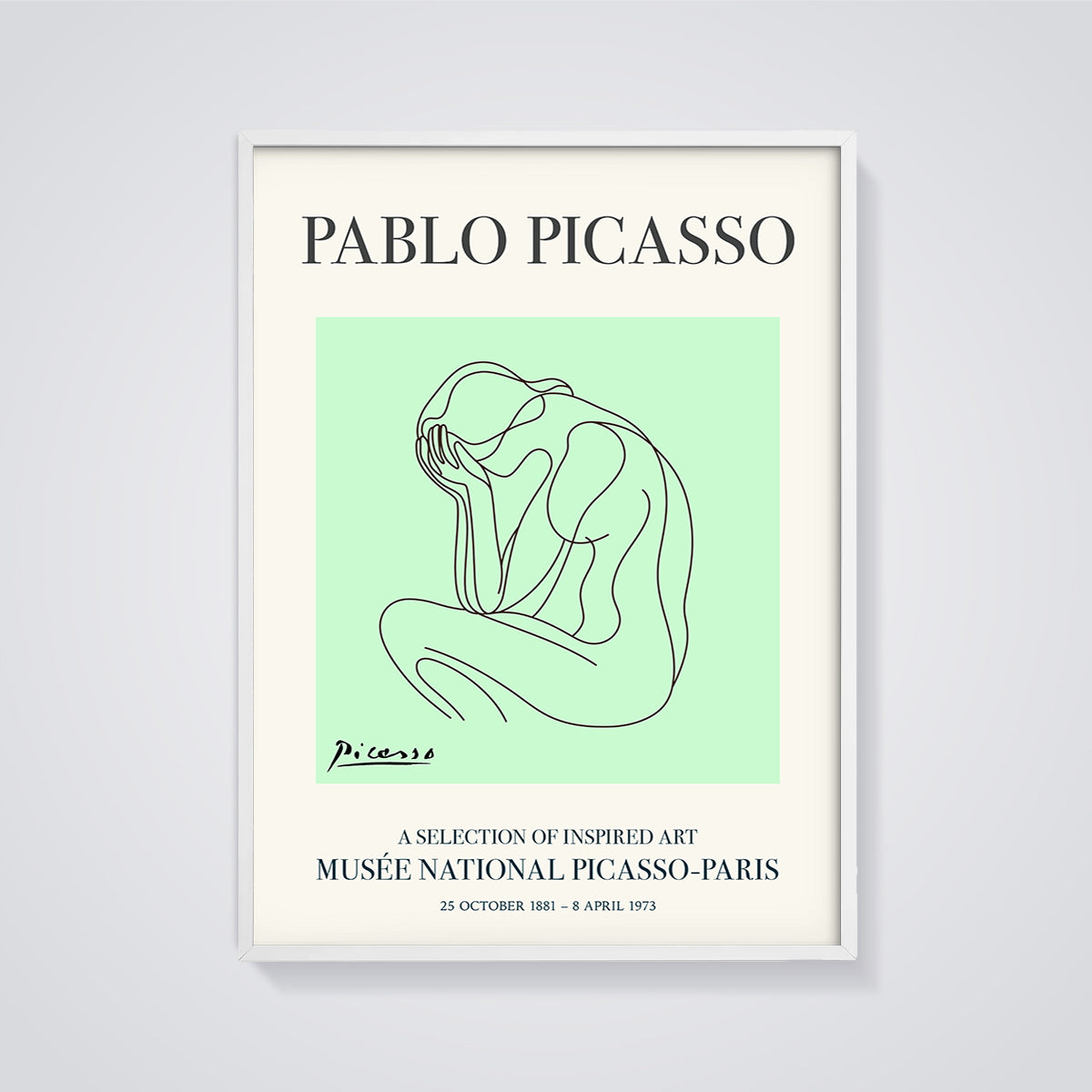 Pablo Picasso Crying Woman Print framed in white on a grey background