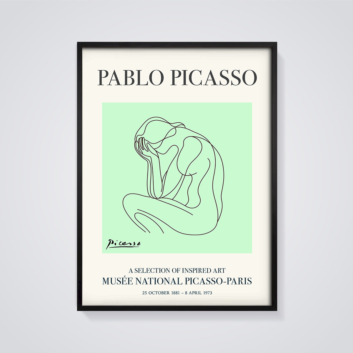 Pablo Picasso Crying Woman Print framed in black on a grey background