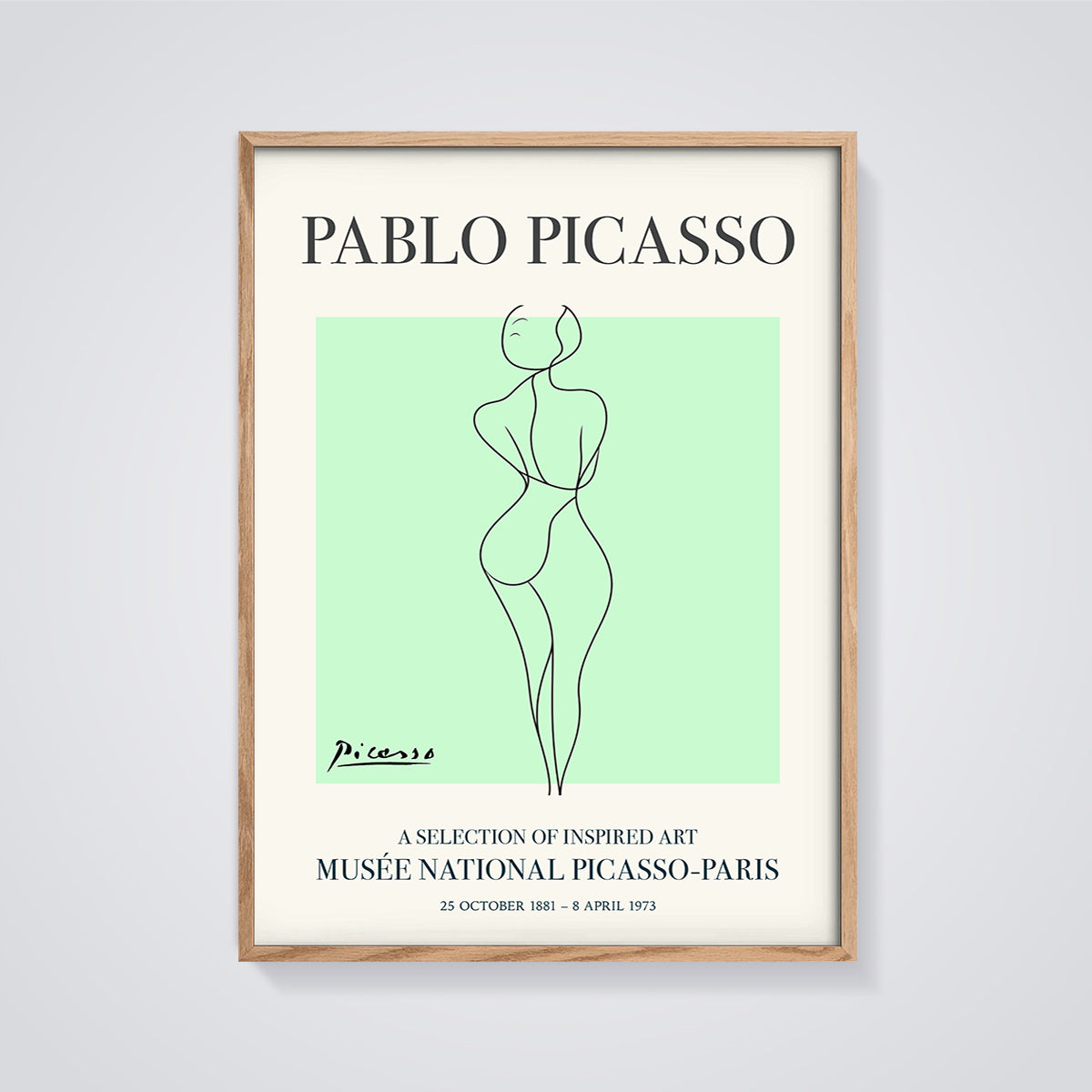 Pablo Picasso Line Art Female Figure Print framed in oak on a grey background