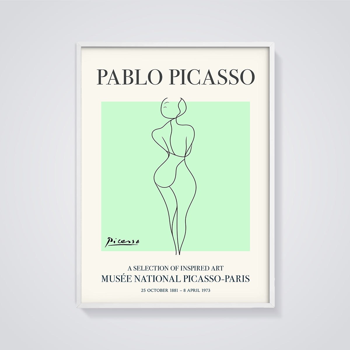 Pablo Picasso Line Art Female Figure Print framed in white on a grey background