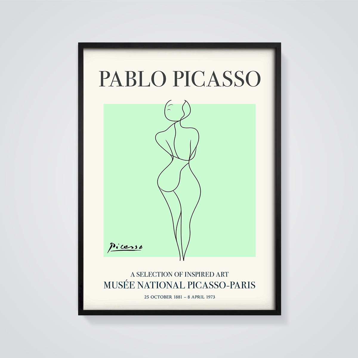 Pablo Picasso Line Art Female Figure Print framed in black on a grey background
