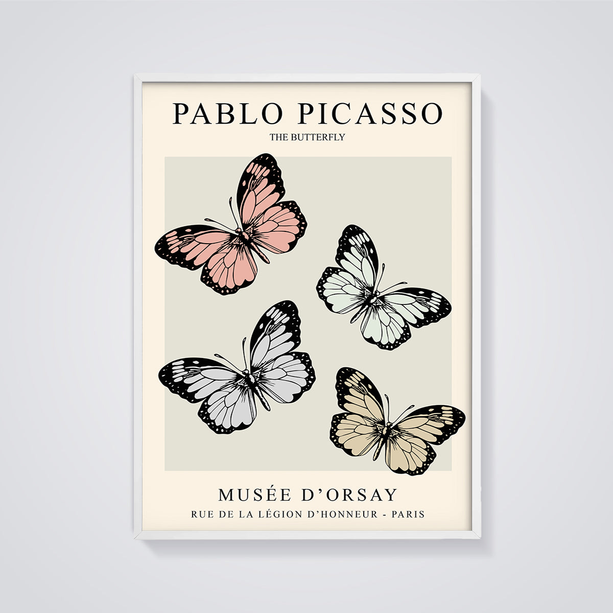 Pablo Picasso The Butterfly Print framed in white on a grey background