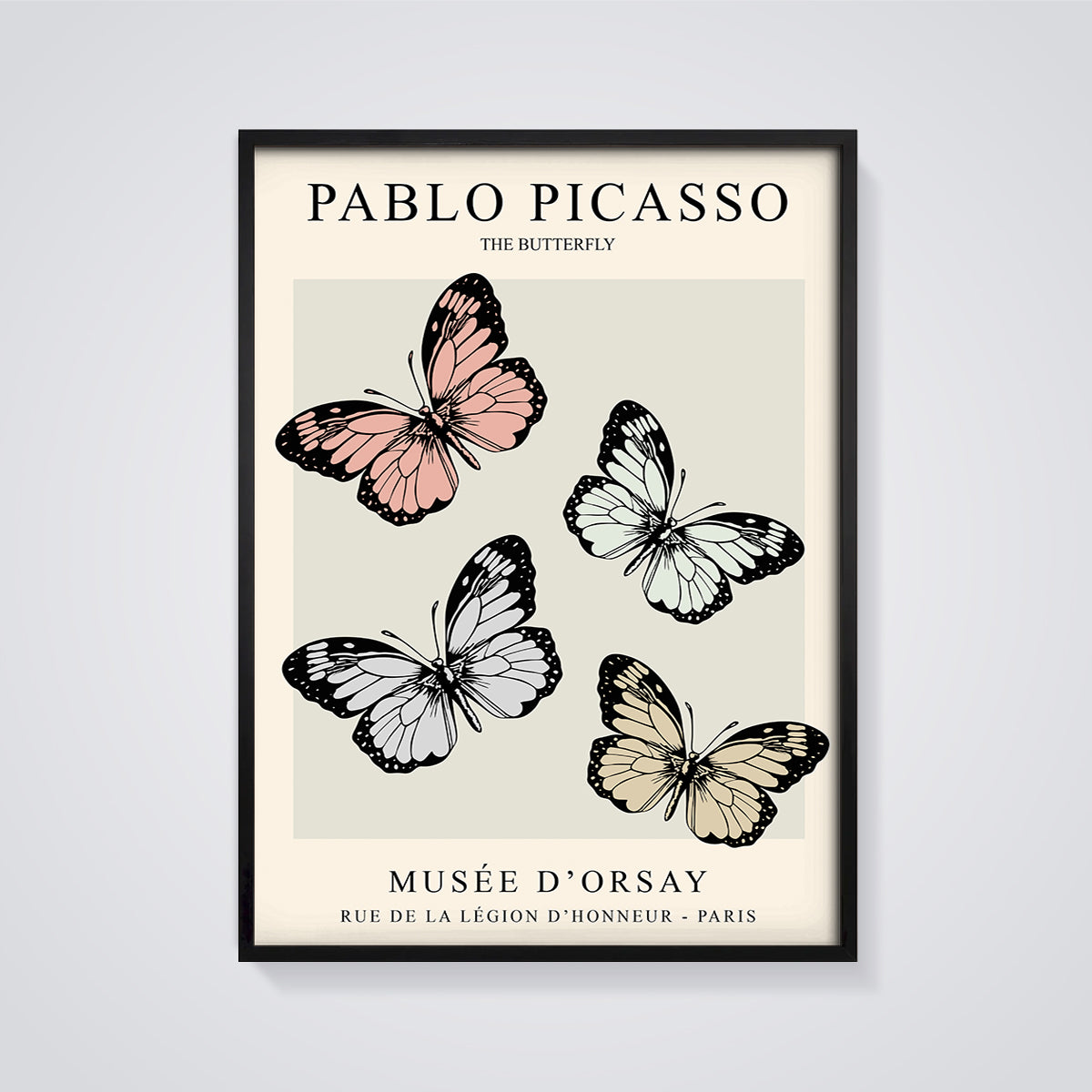 Pablo Picasso The Butterfly Print framed in black on a grey background