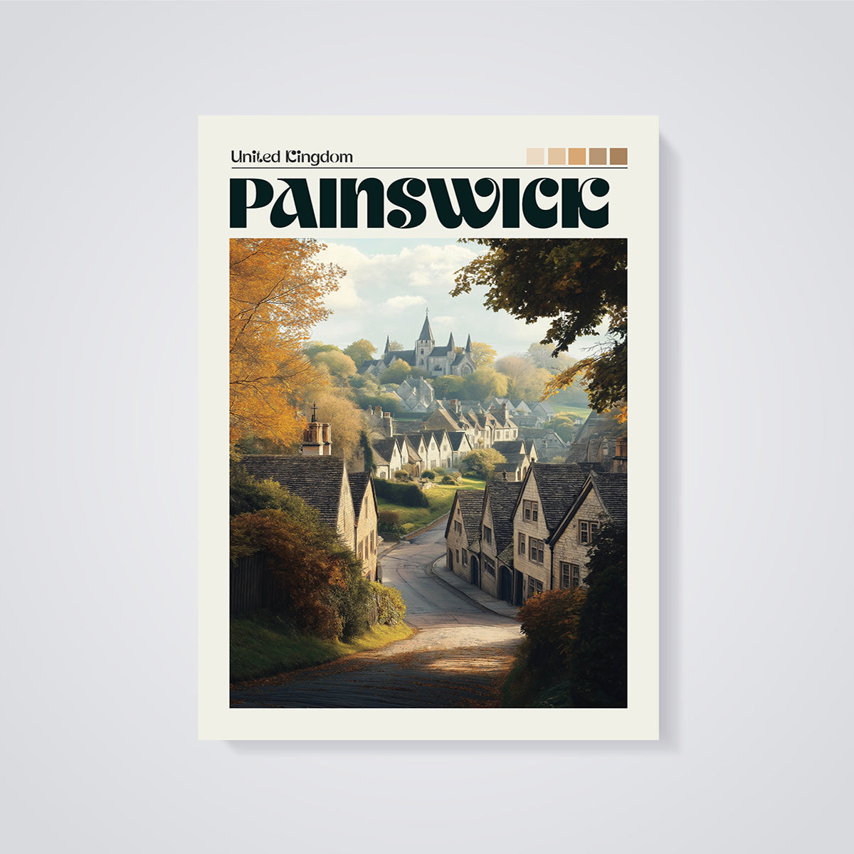 Painswick Village Print unframed on a grey background