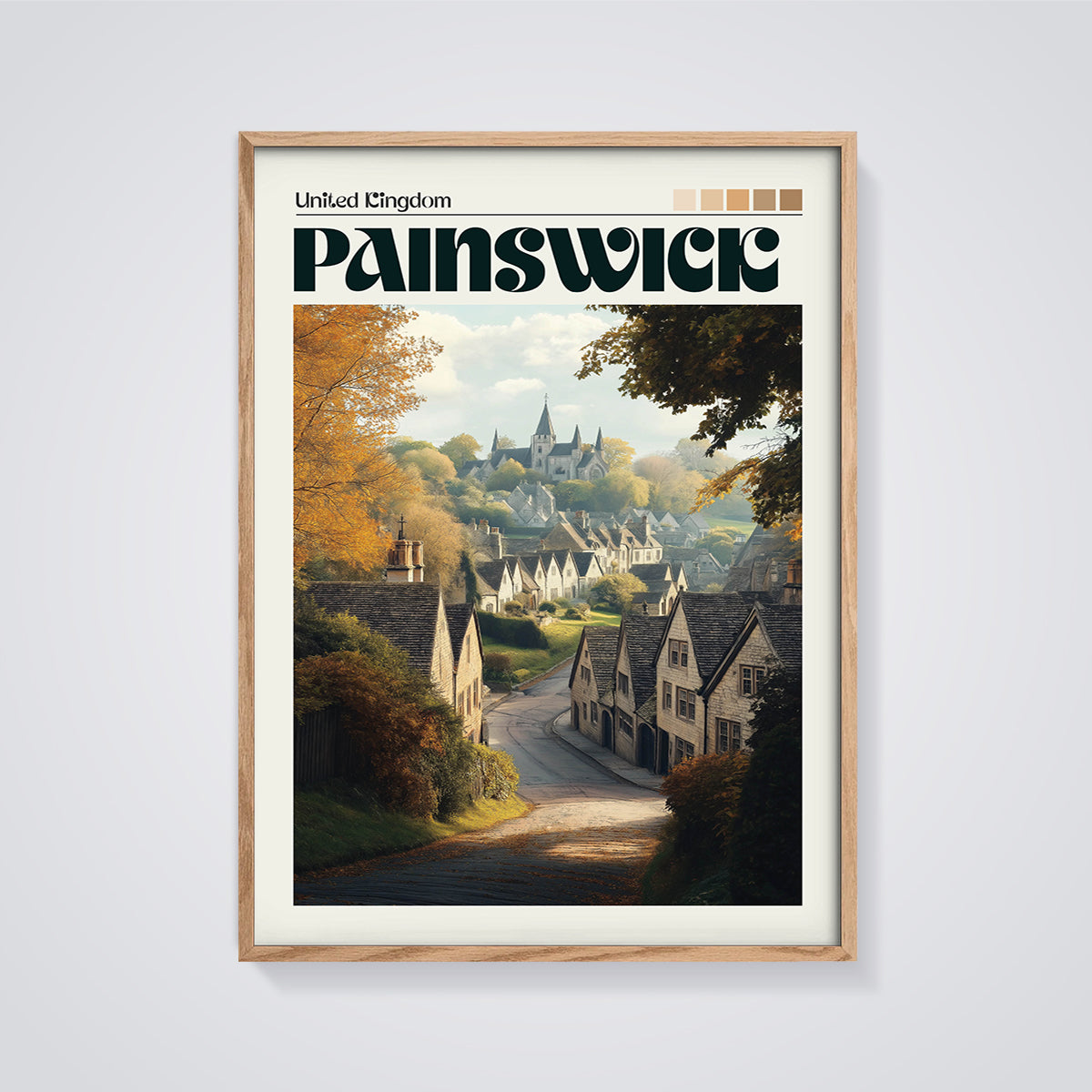 Painswick Village Print framed in oak on a grey background