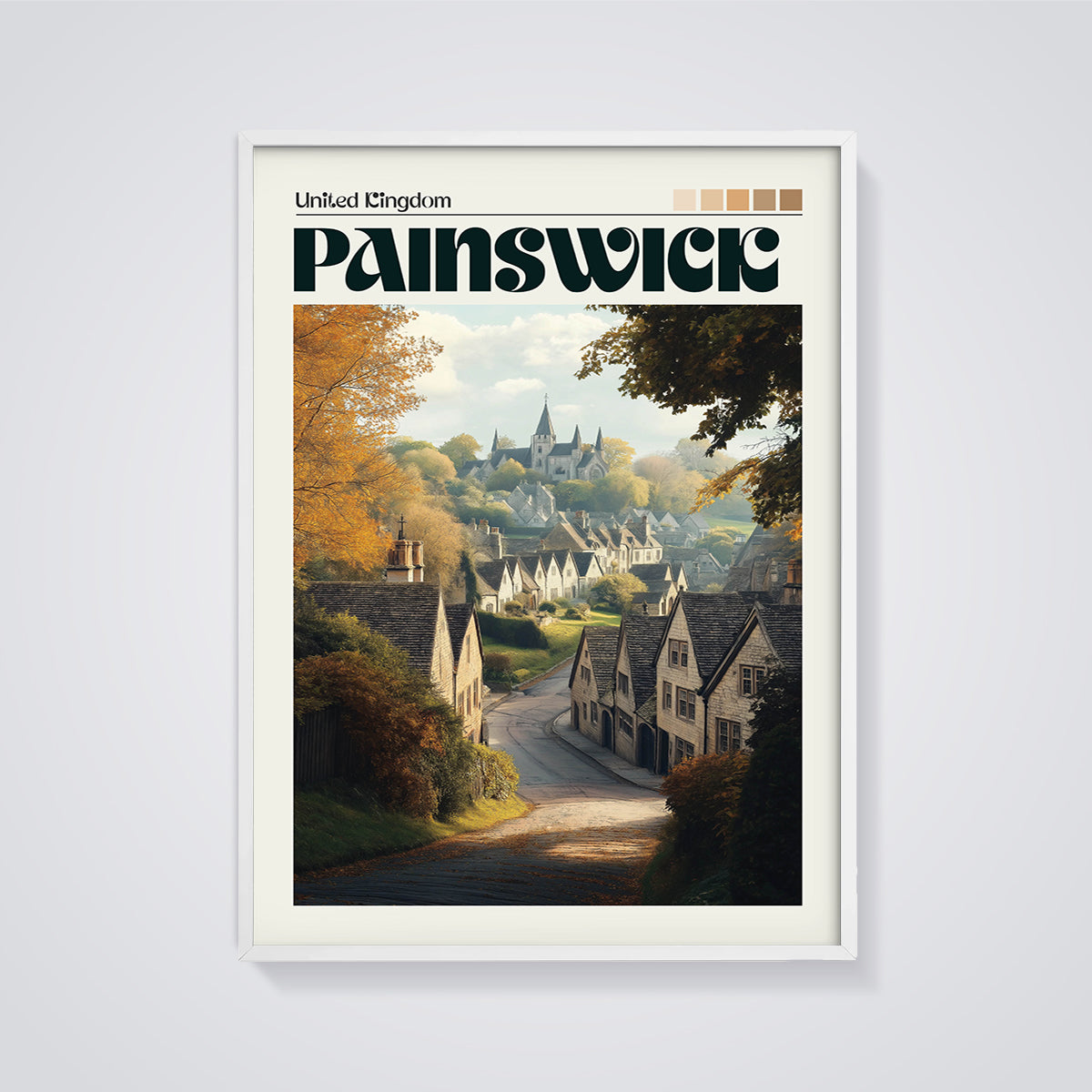 Painswick Village Print framed in white on a grey background