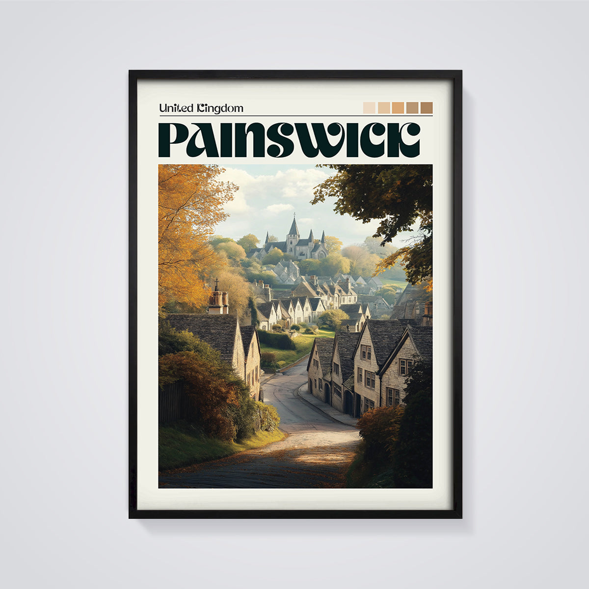 Painswick Village Print framed in black on a grey background