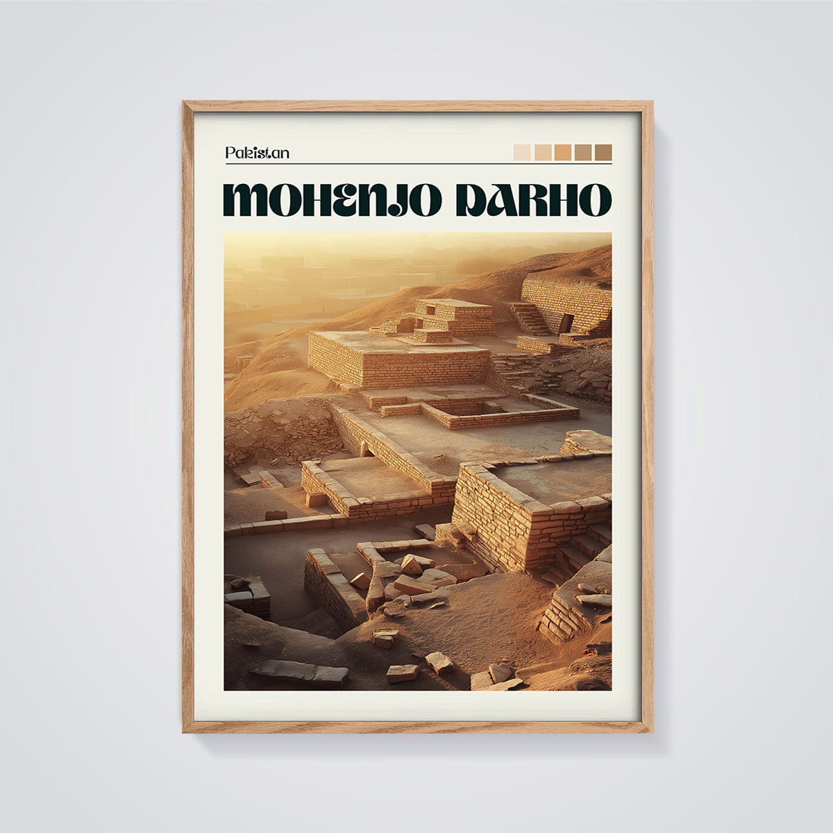 Pakistan Mohenjo Darho Ruins Print framed in oak on a grey background