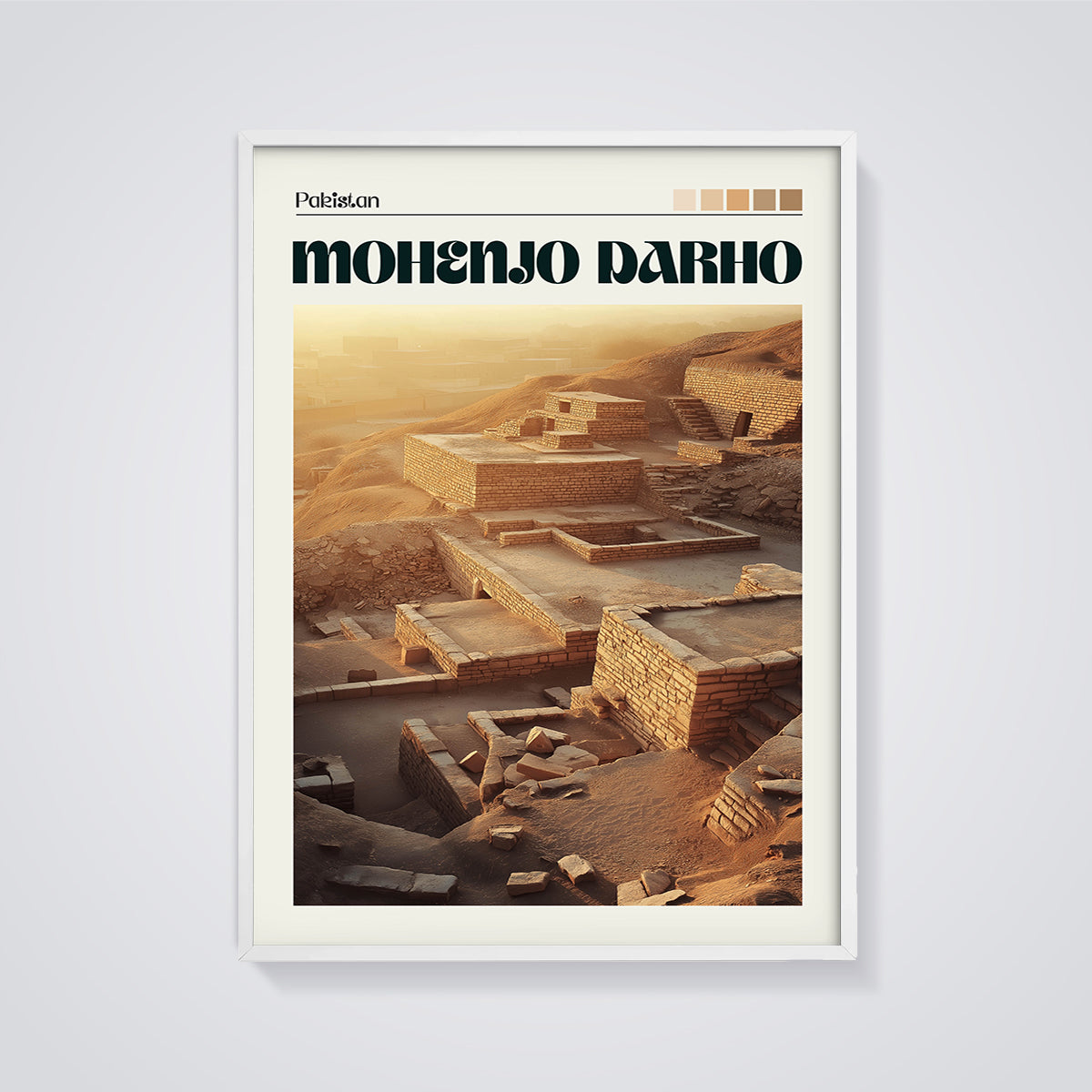 Pakistan Mohenjo Darho Ruins Print framed in white on a grey background