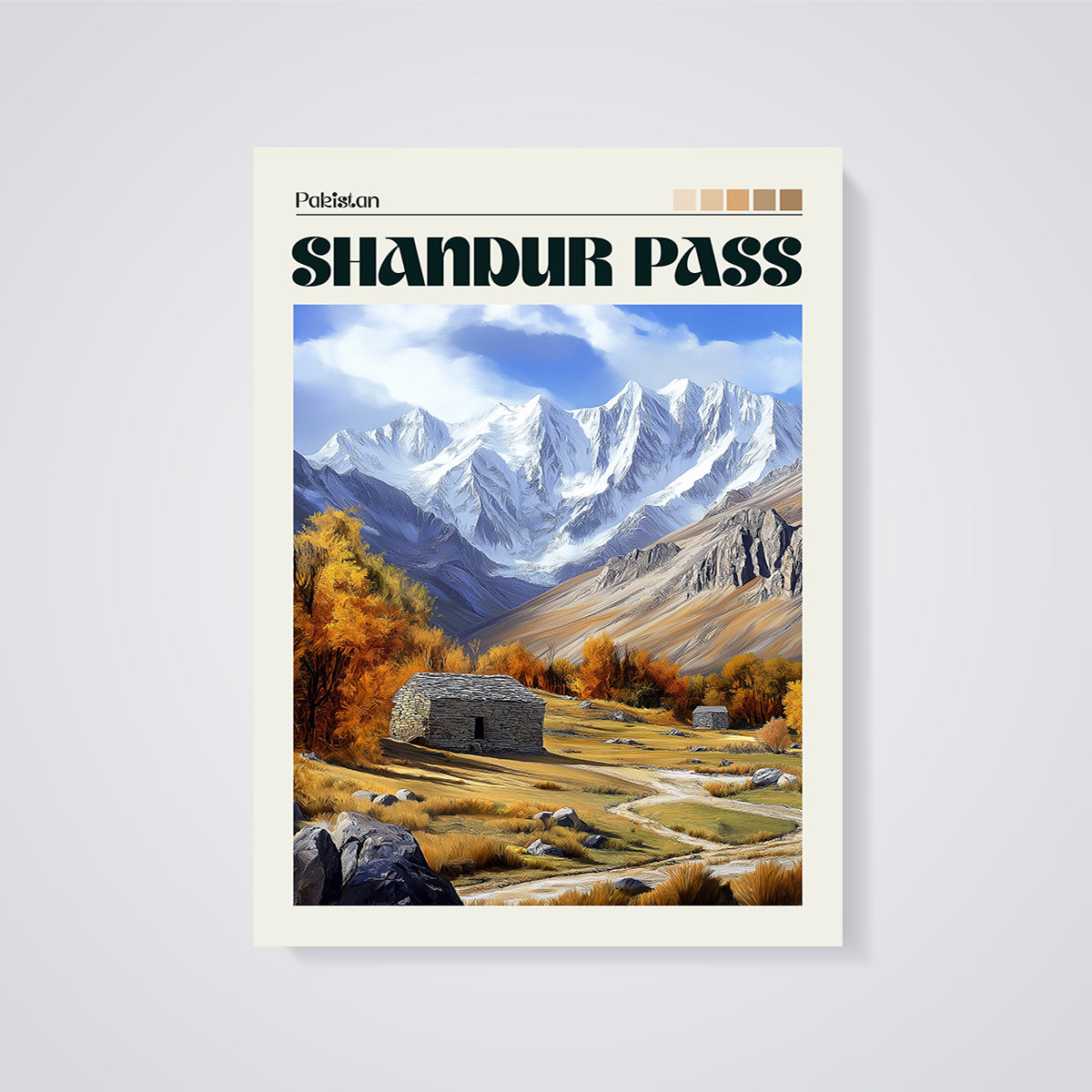 Pakistan Shandur Pass Autumn Valley Print unframed on a grey background