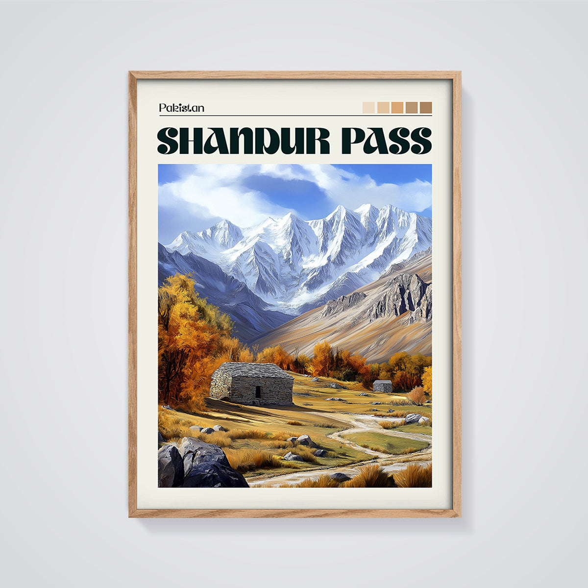 Pakistan Shandur Pass Autumn Valley Print framed in oak on a grey background