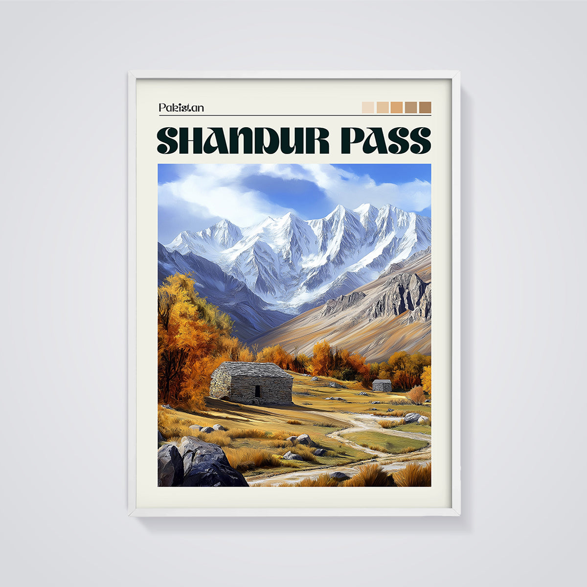 Pakistan Shandur Pass Autumn Valley Print framed in white on a grey background