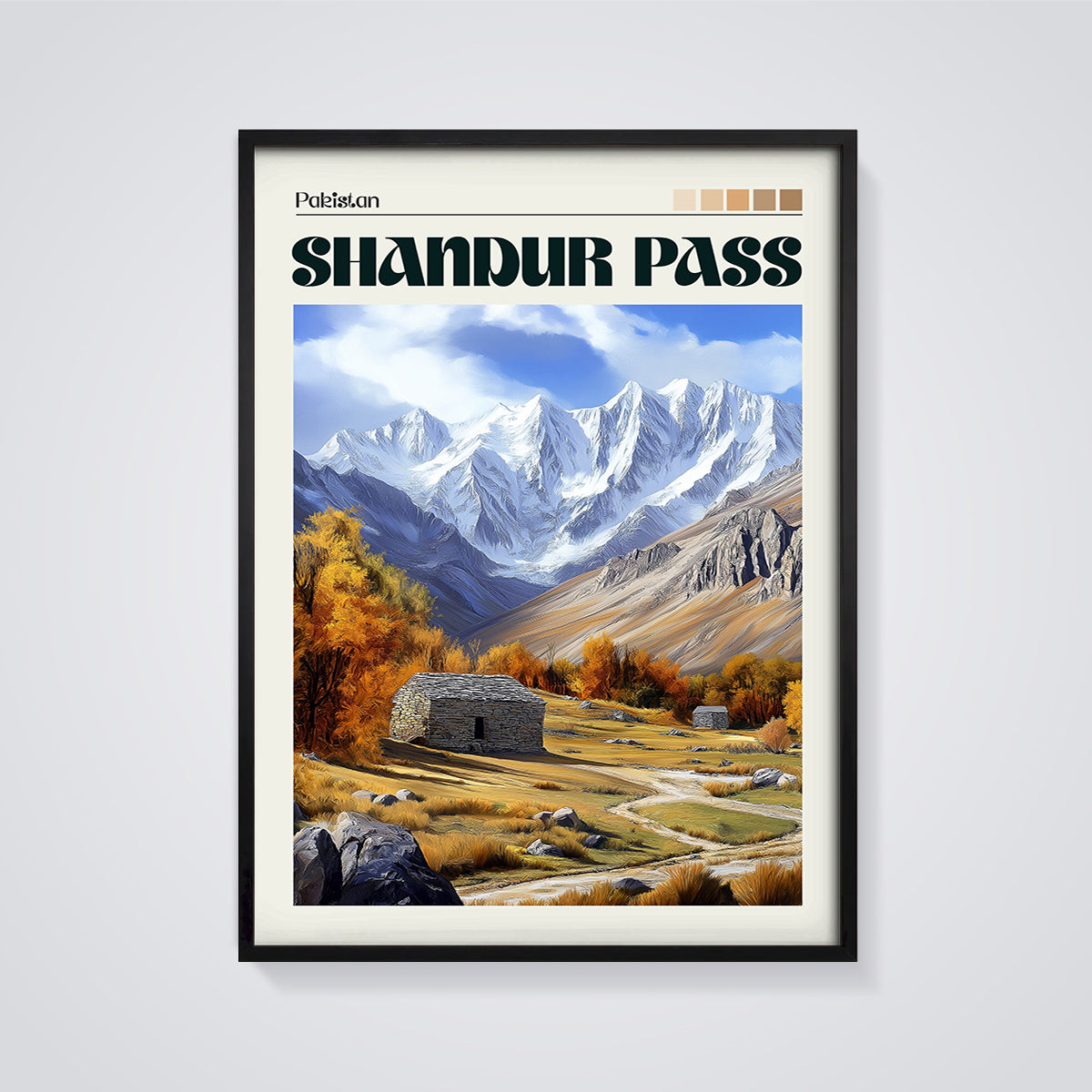Pakistan Shandur Pass Autumn Valley Print framed in black on a grey background