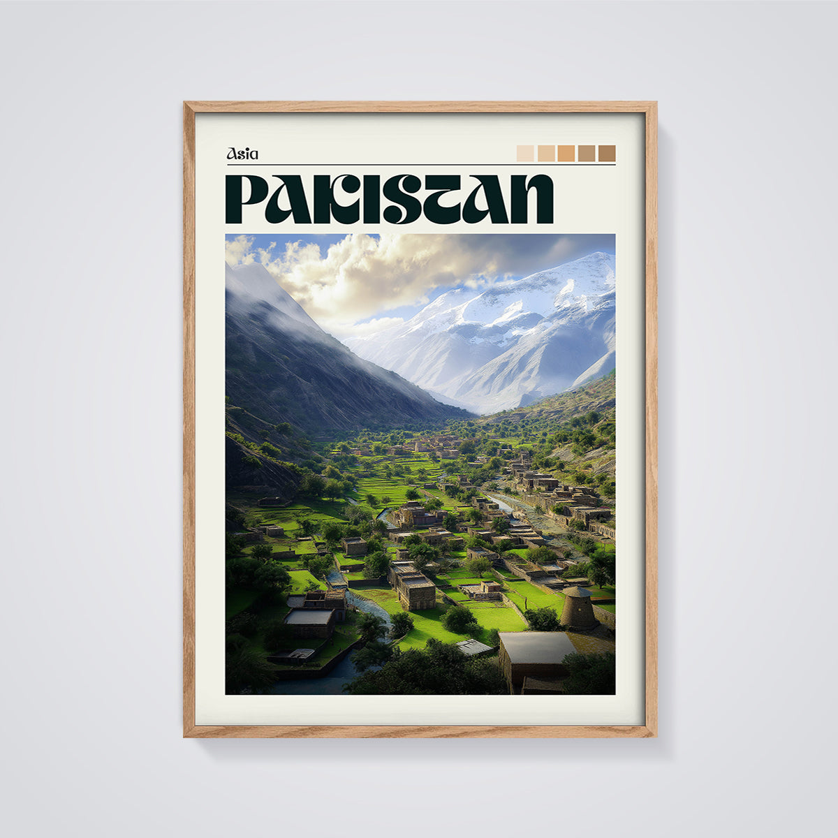 Pakistan Valley Village Print framed in oak on a grey background