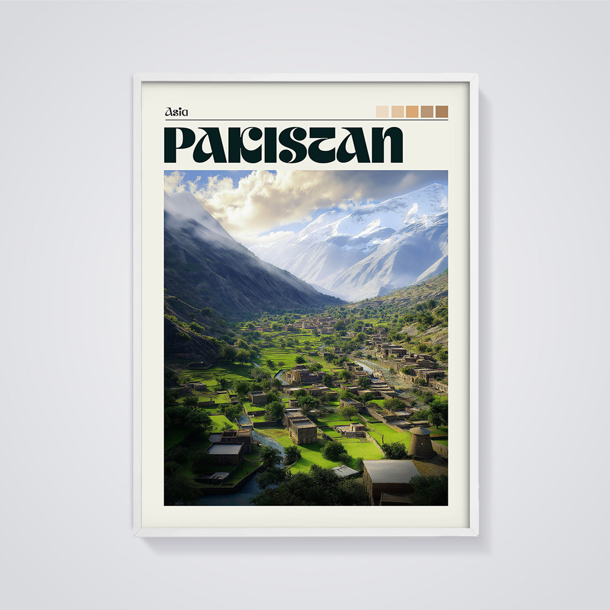 Pakistan Valley Village Print framed in white on a grey background