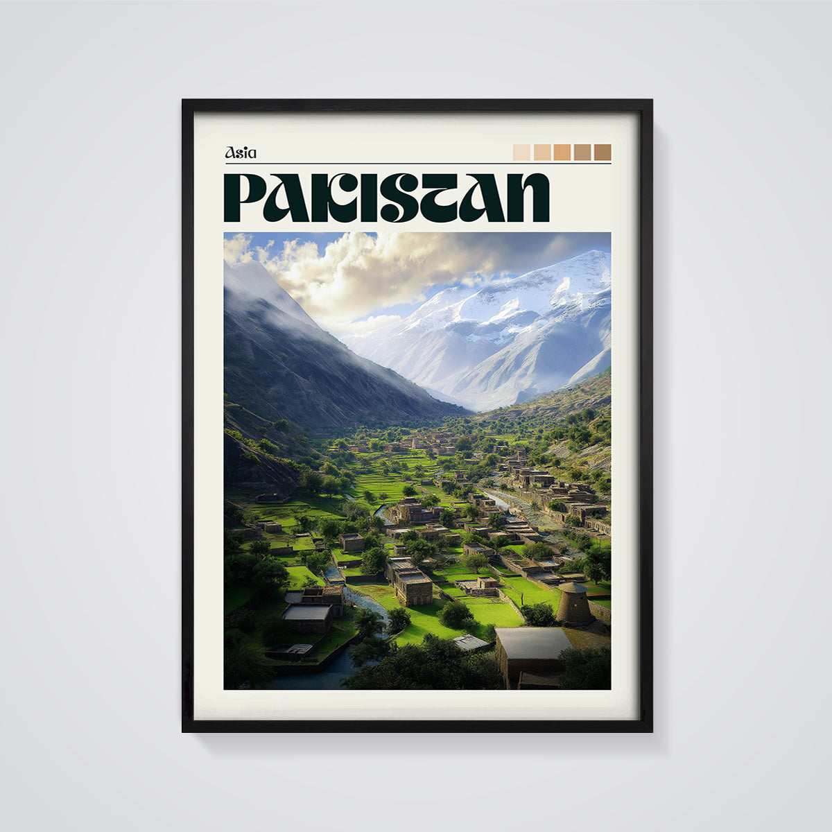 Pakistan Valley Village Print framed in black on a grey background