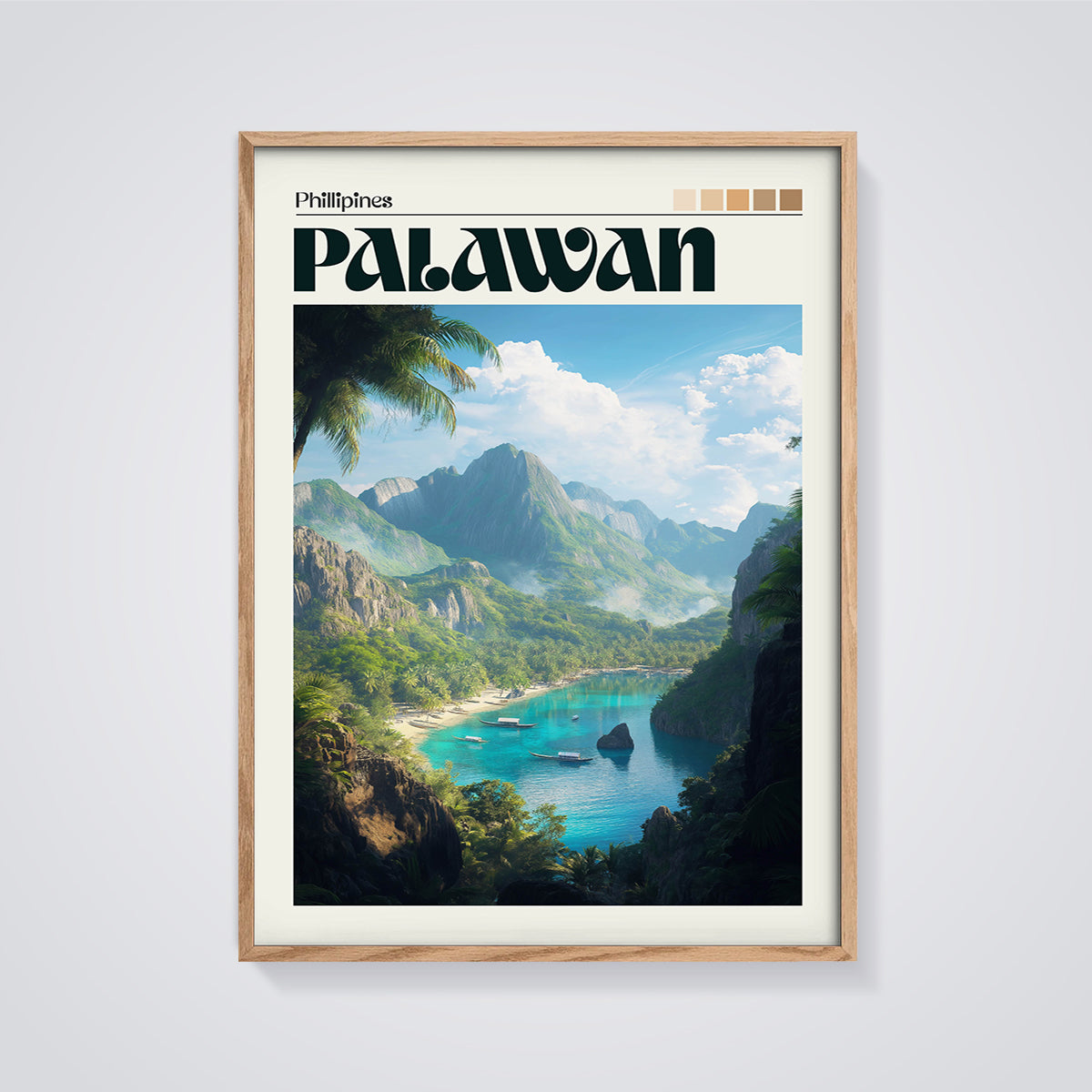 Palawan Phillipines Bay Print framed in oak on a grey background