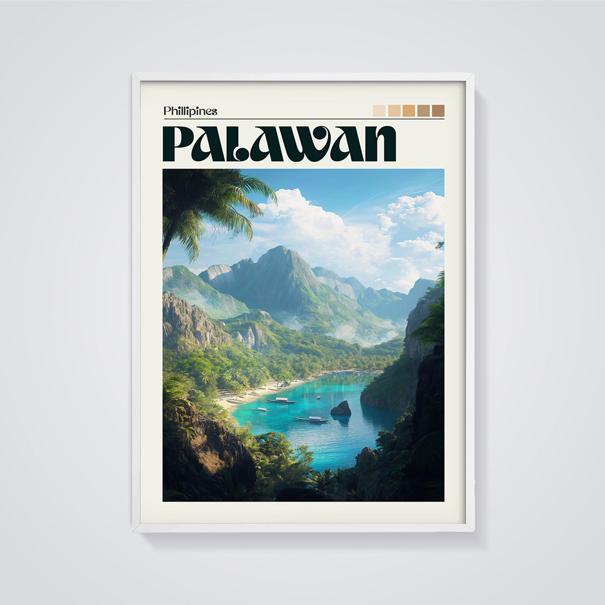 Palawan Phillipines Bay Print framed in white on a grey background