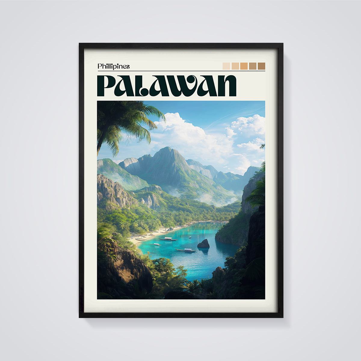 Palawan Phillipines Bay Print framed in black on a grey background