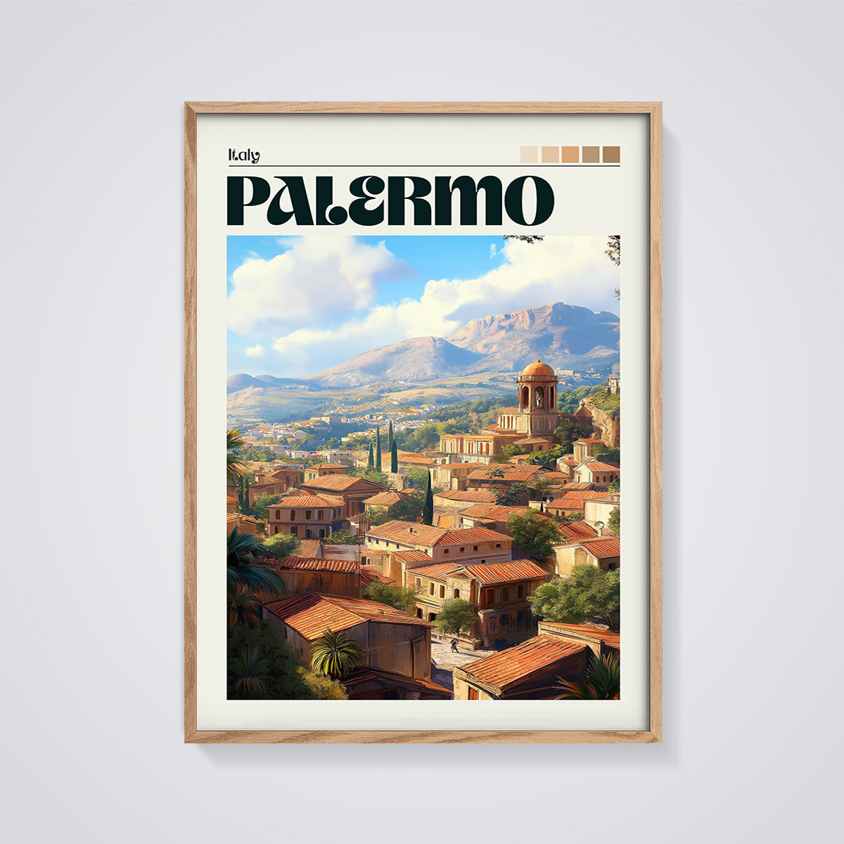 Palermo Italy Cityscape Print framed in oak on a grey background