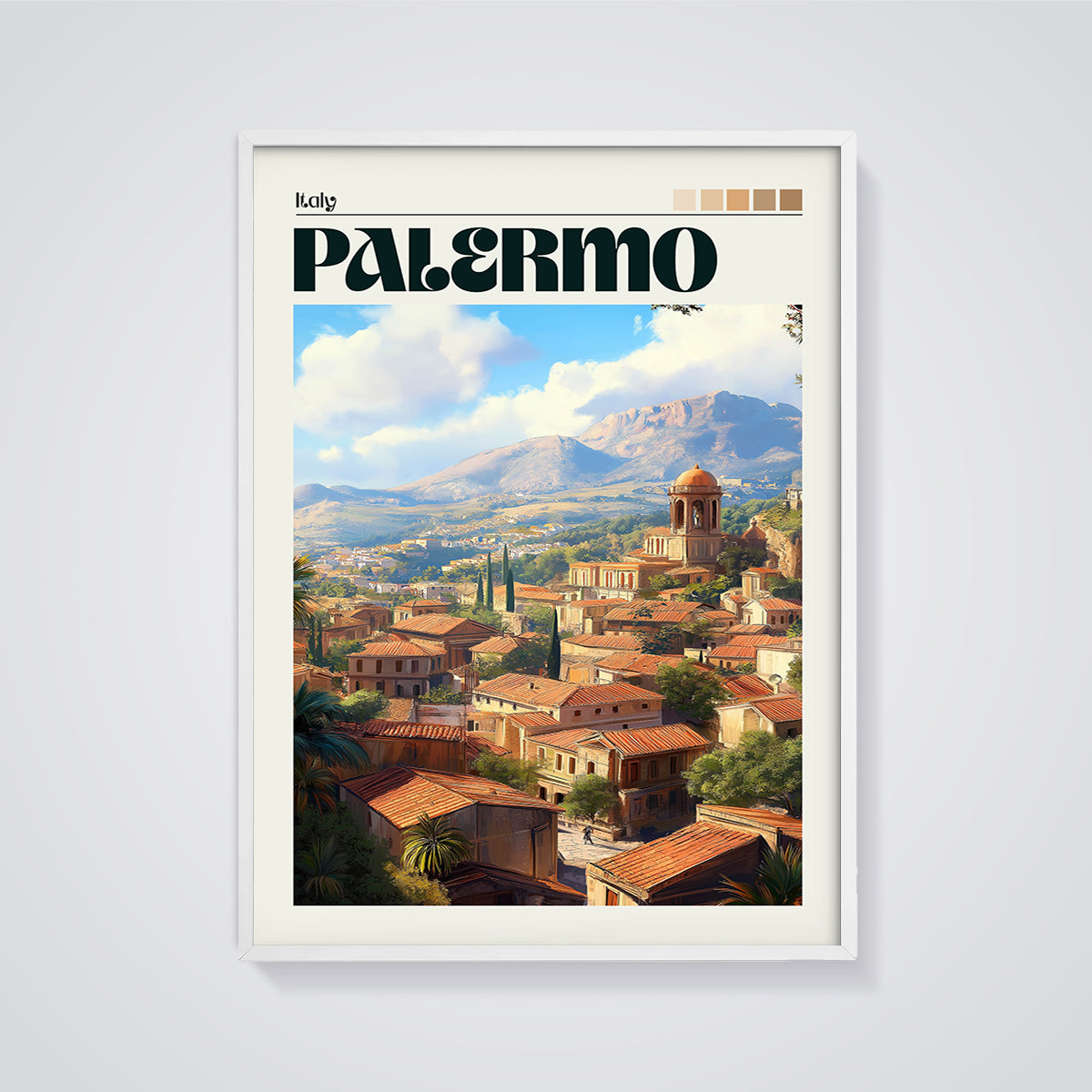 Palermo Italy Cityscape Print framed in white on a grey background