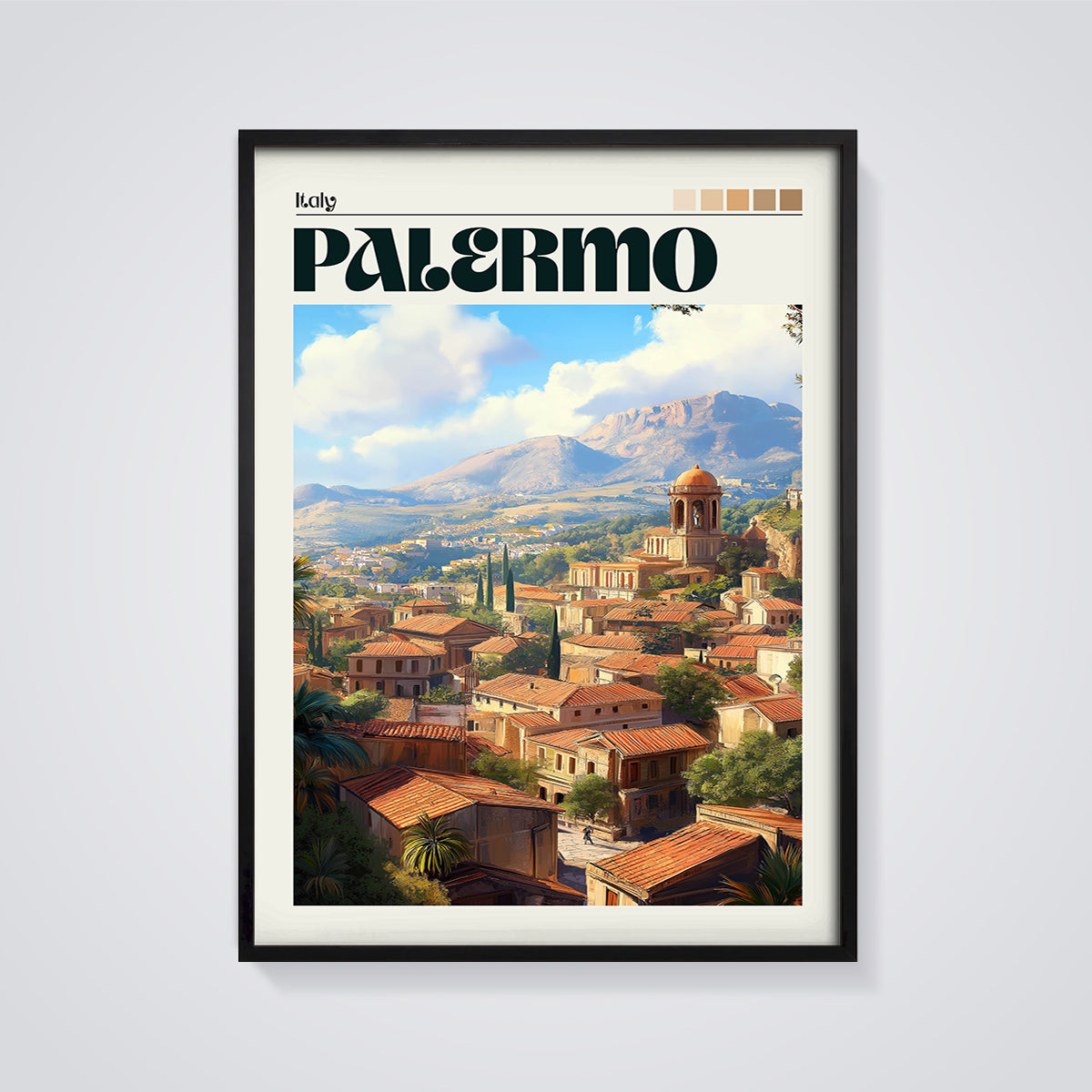 Palermo Italy Cityscape Print framed in black on a grey background