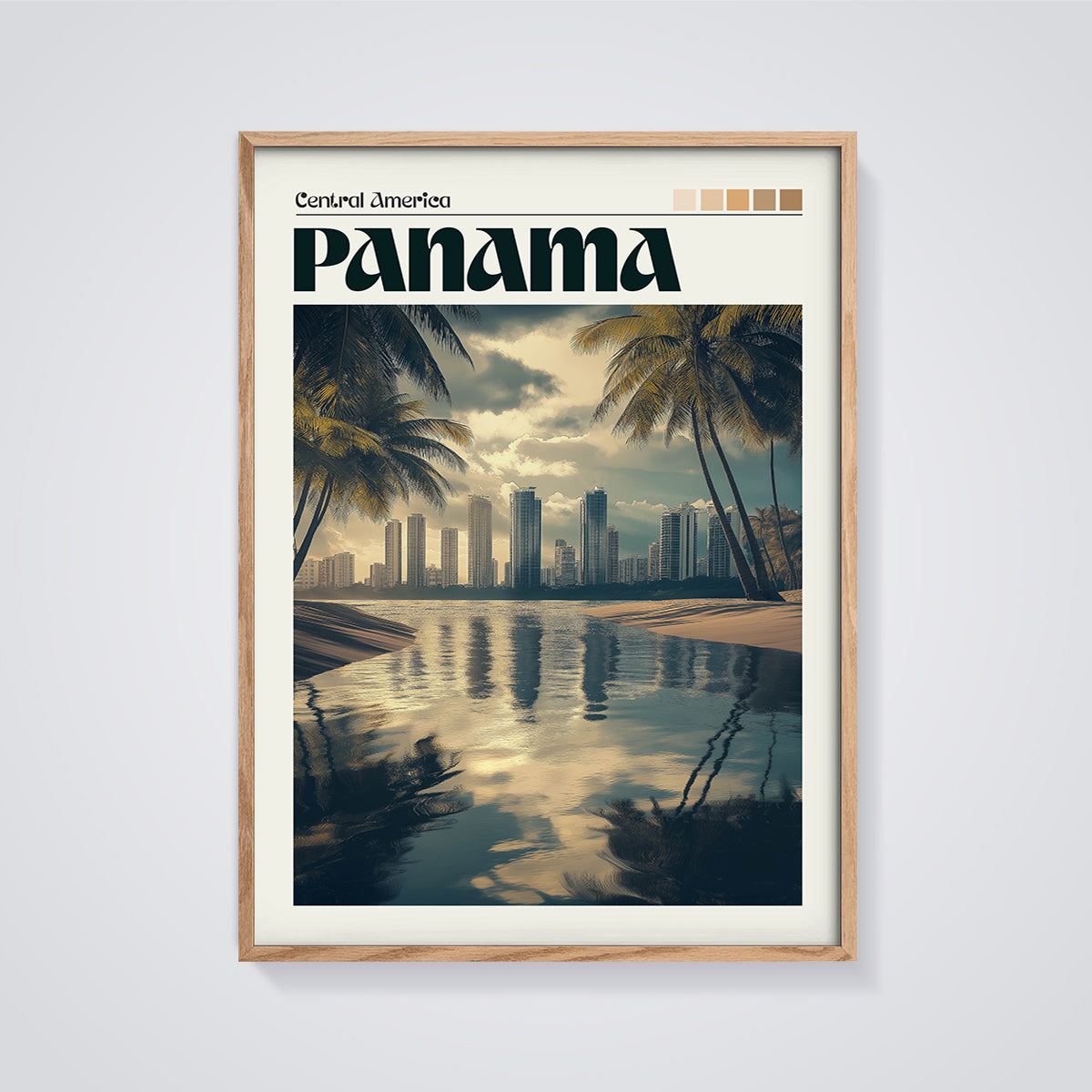 Panama City Skyline Reflection Print framed in oak on a grey background