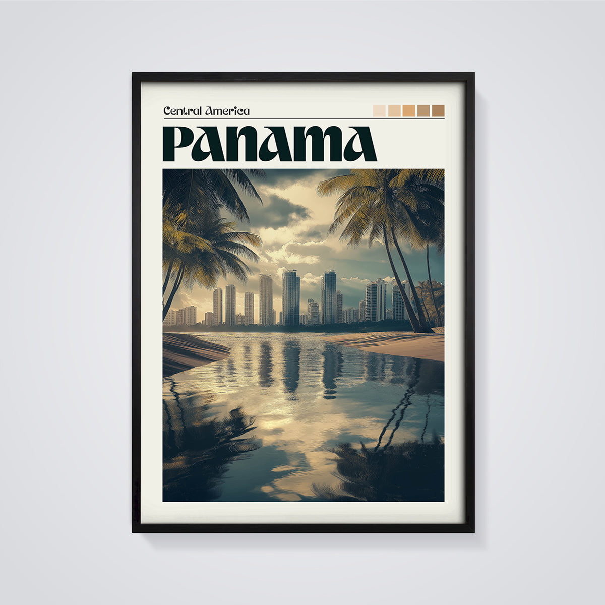 Panama City Skyline Reflection Print framed in black on a grey background
