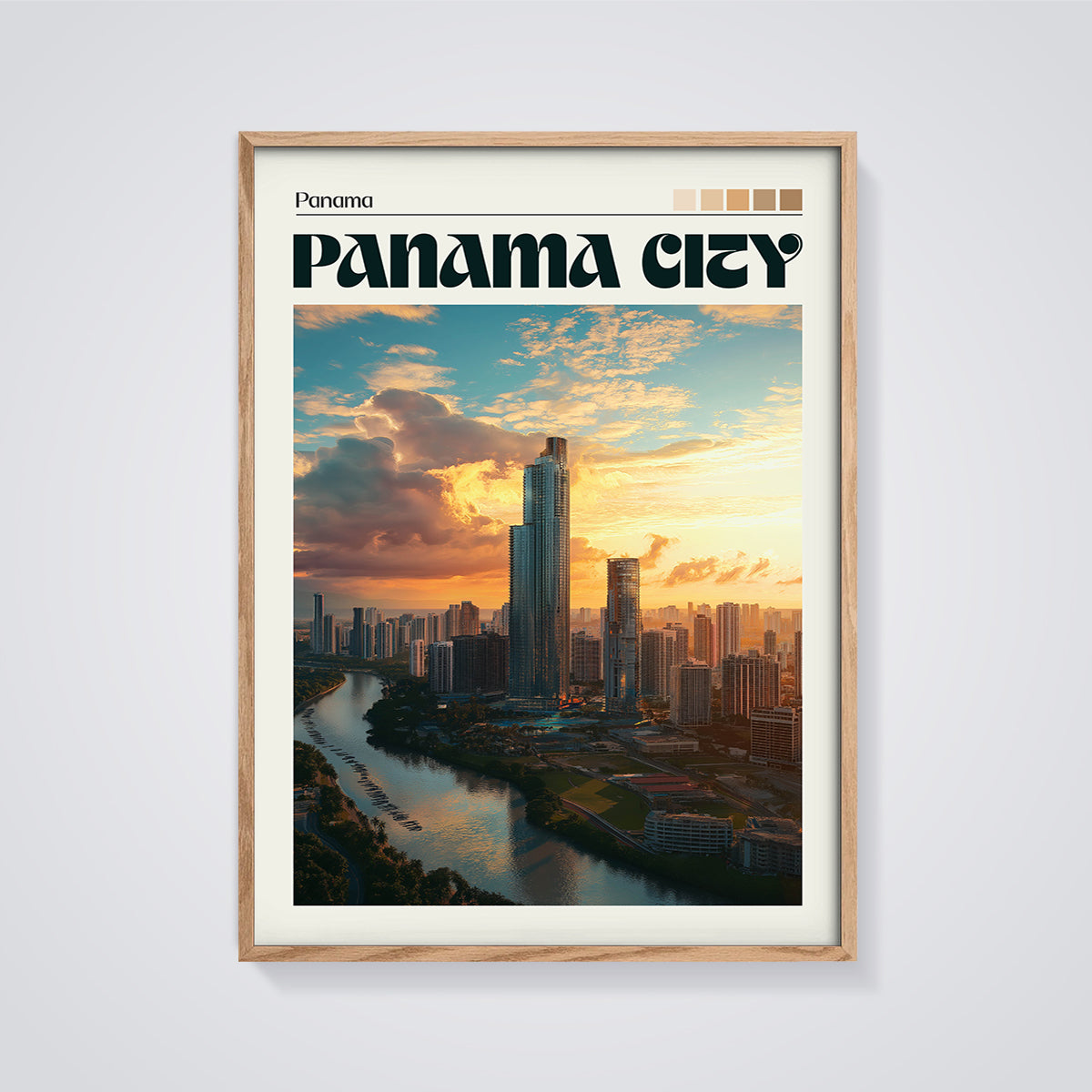 Panama City Sunset Print framed in oak on a grey background