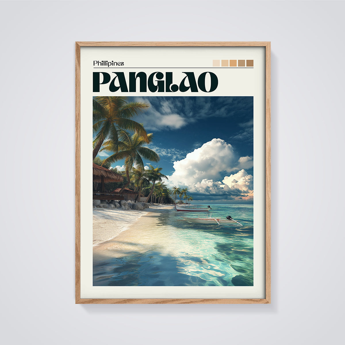 Panglao Phillipines Beach Print framed in oak on a grey background