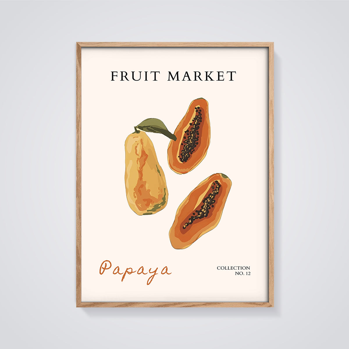 Papaya Fruit Market Print framed in oak on a grey background