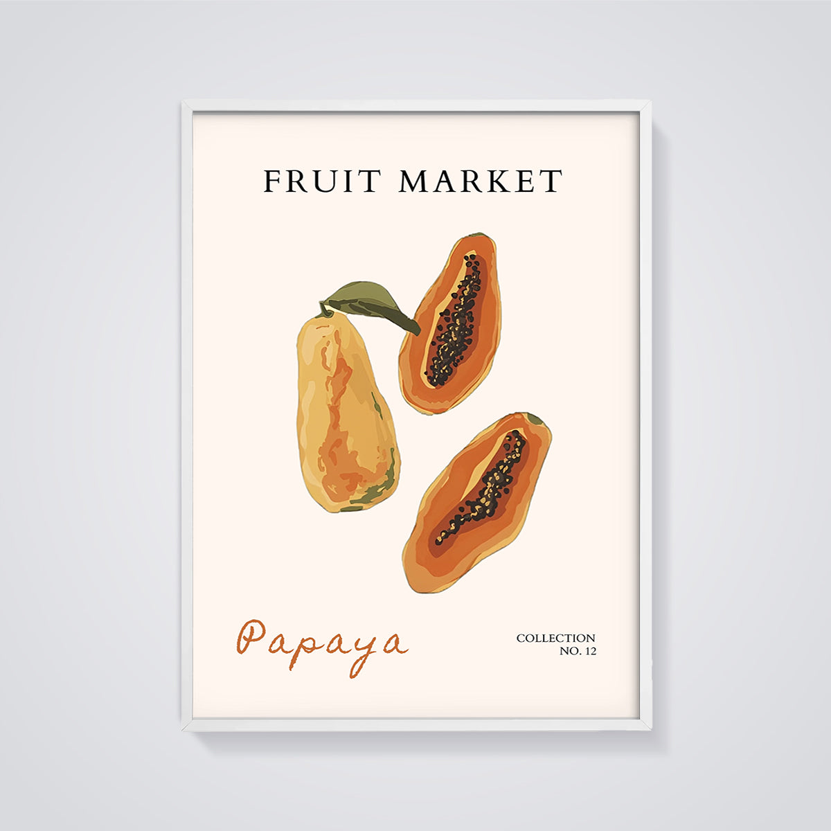 Papaya Fruit Market Print framed in white on a grey background