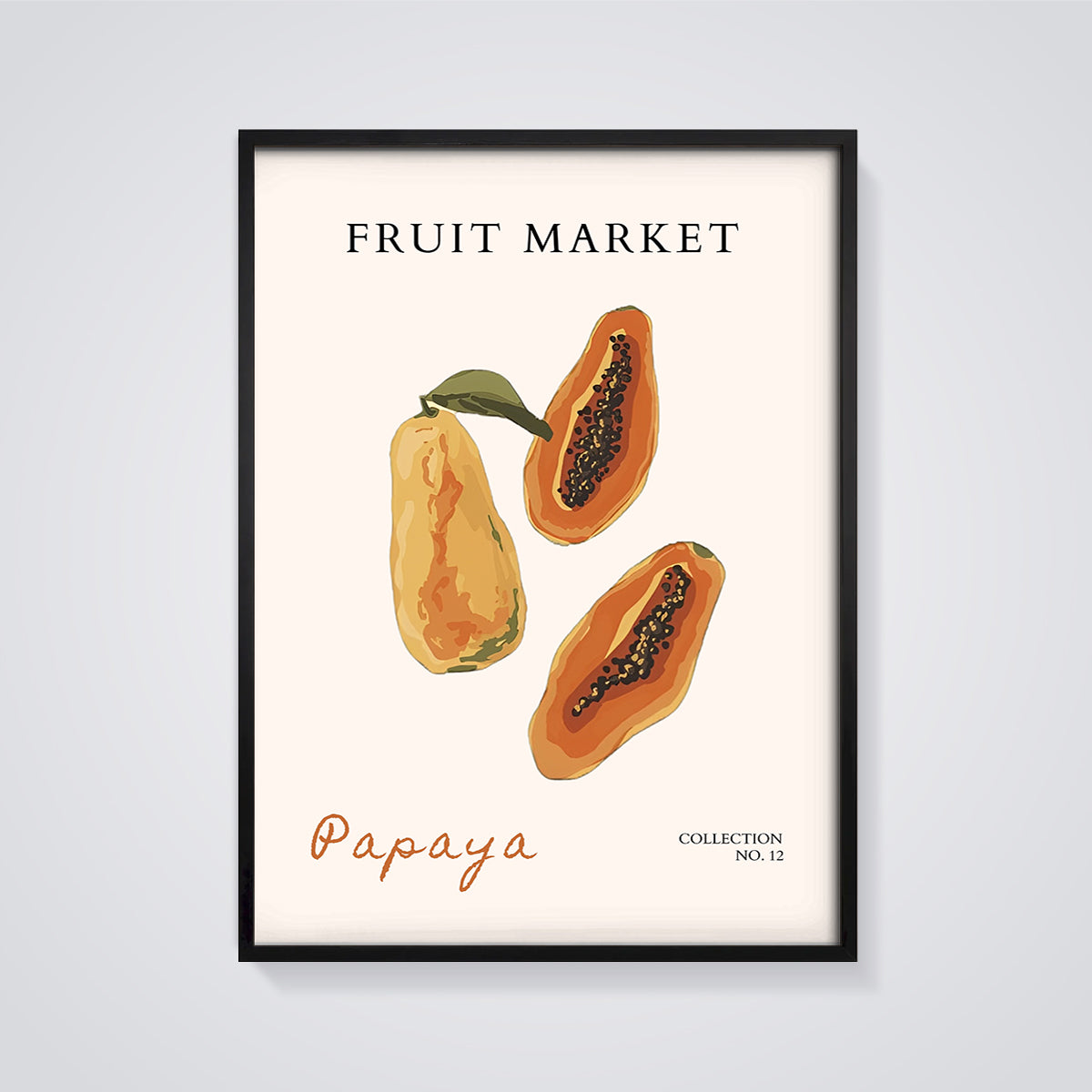 Papaya Fruit Market Print framed in black on a grey background