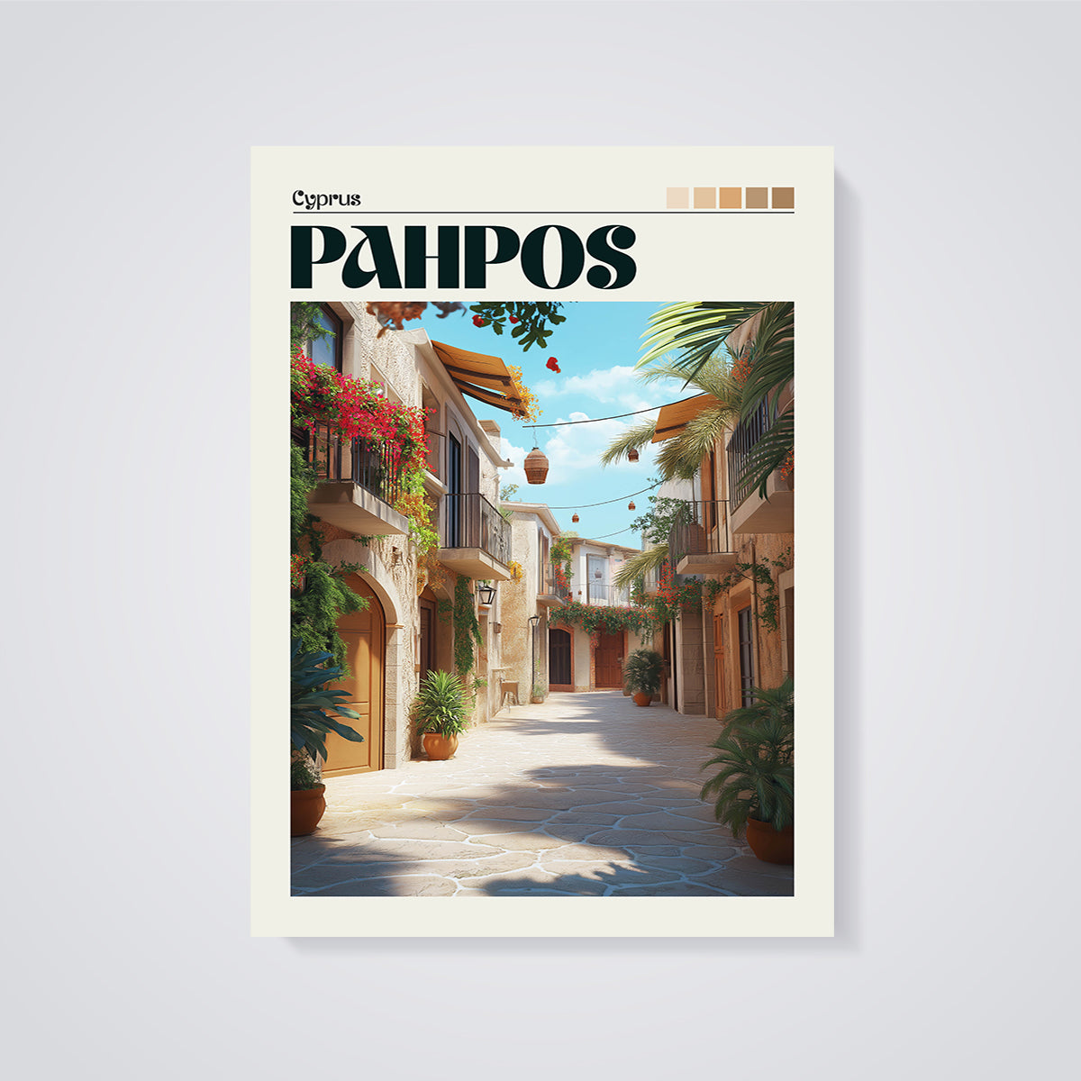Paphos Old Town Street Print unframed on a grey background