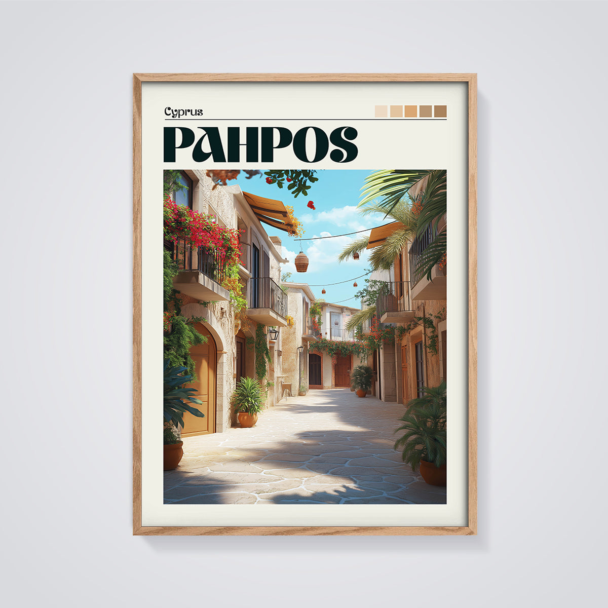 Paphos Old Town Street Print framed in oak on a grey background