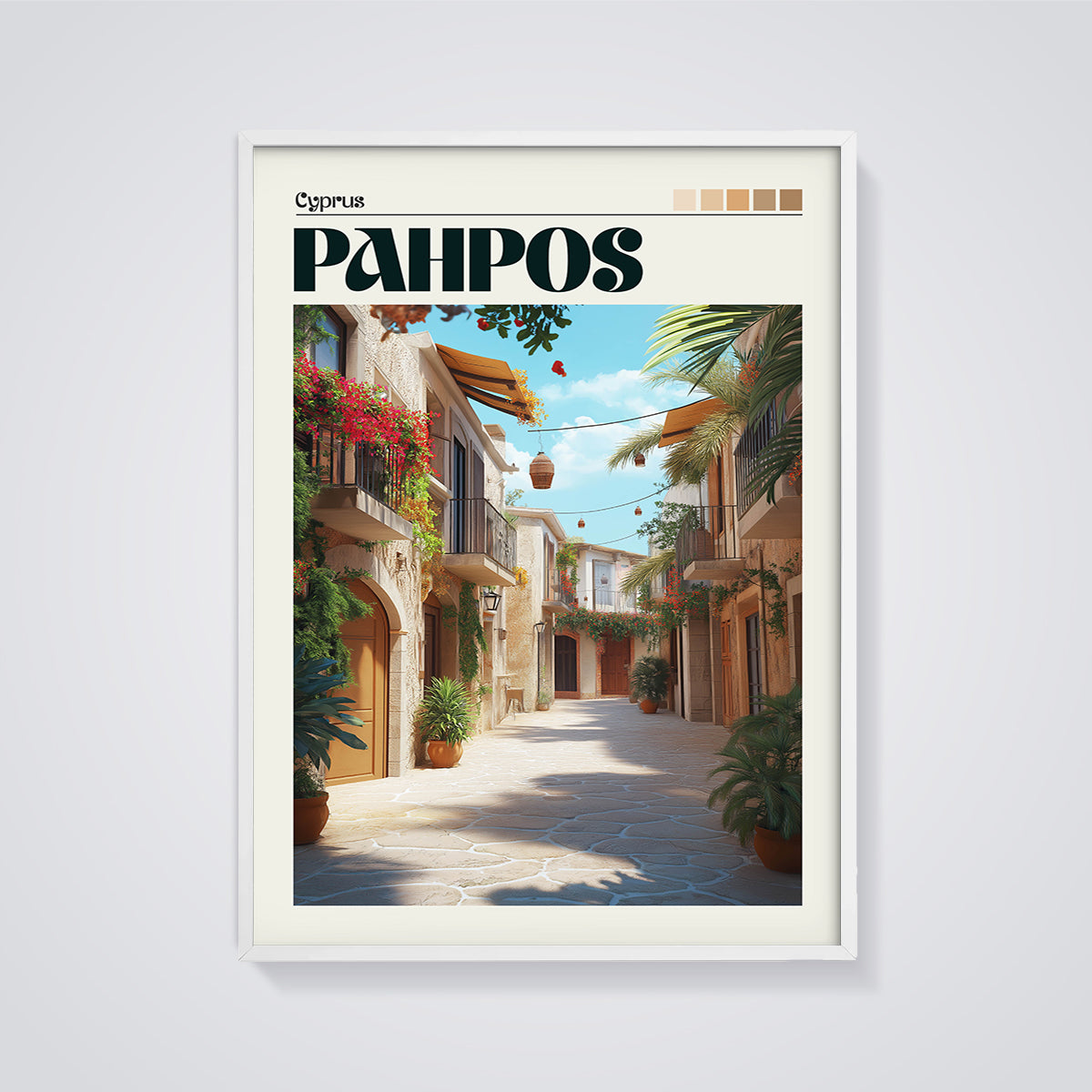 Paphos Old Town Street Print framed in white on a grey background