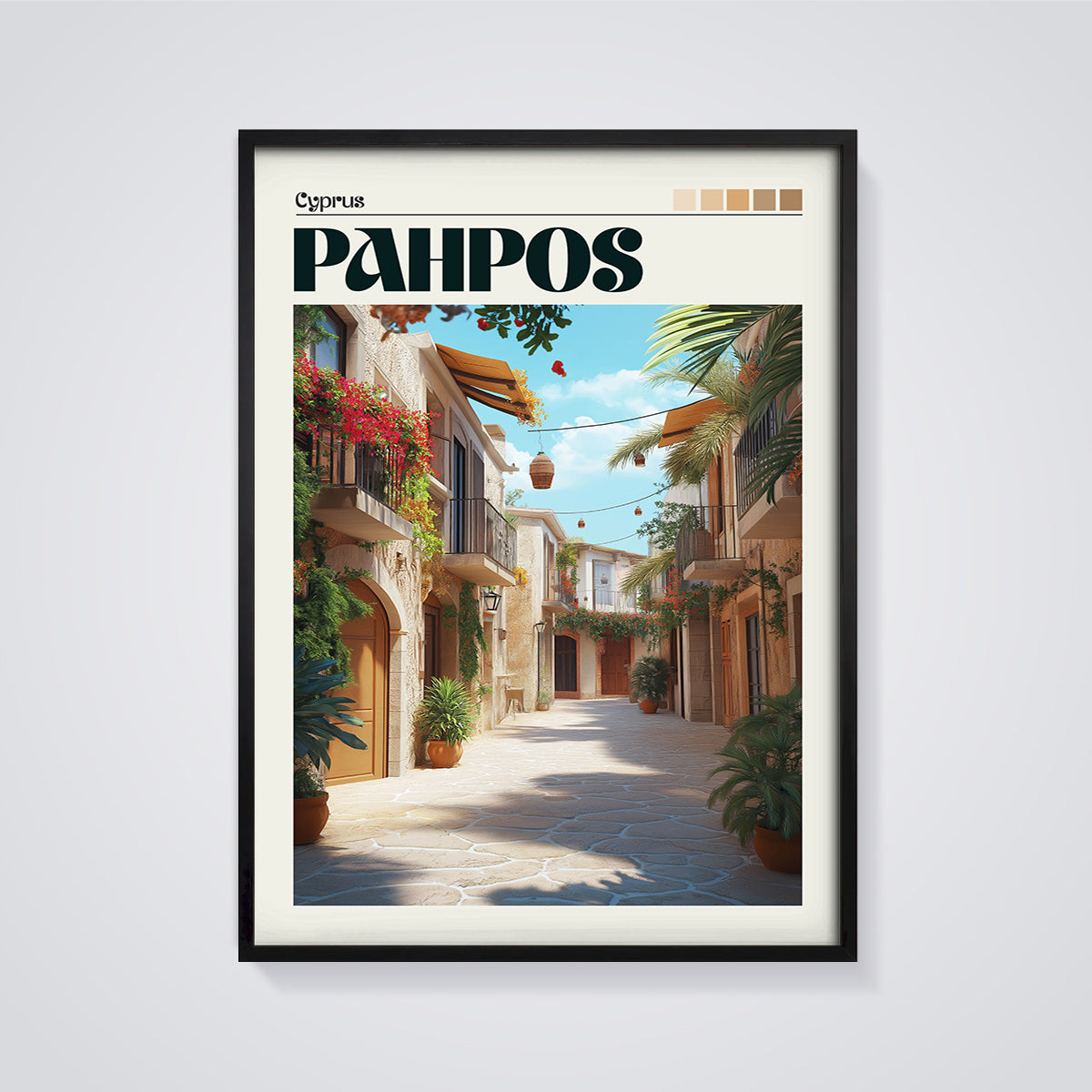 Paphos Old Town Street Print framed in black on a grey background