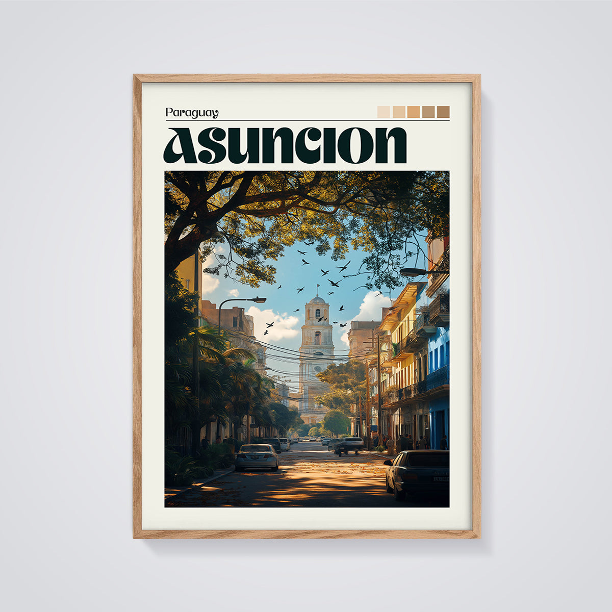 Paraguay Asunción Street Scene Print framed in oak on a grey background