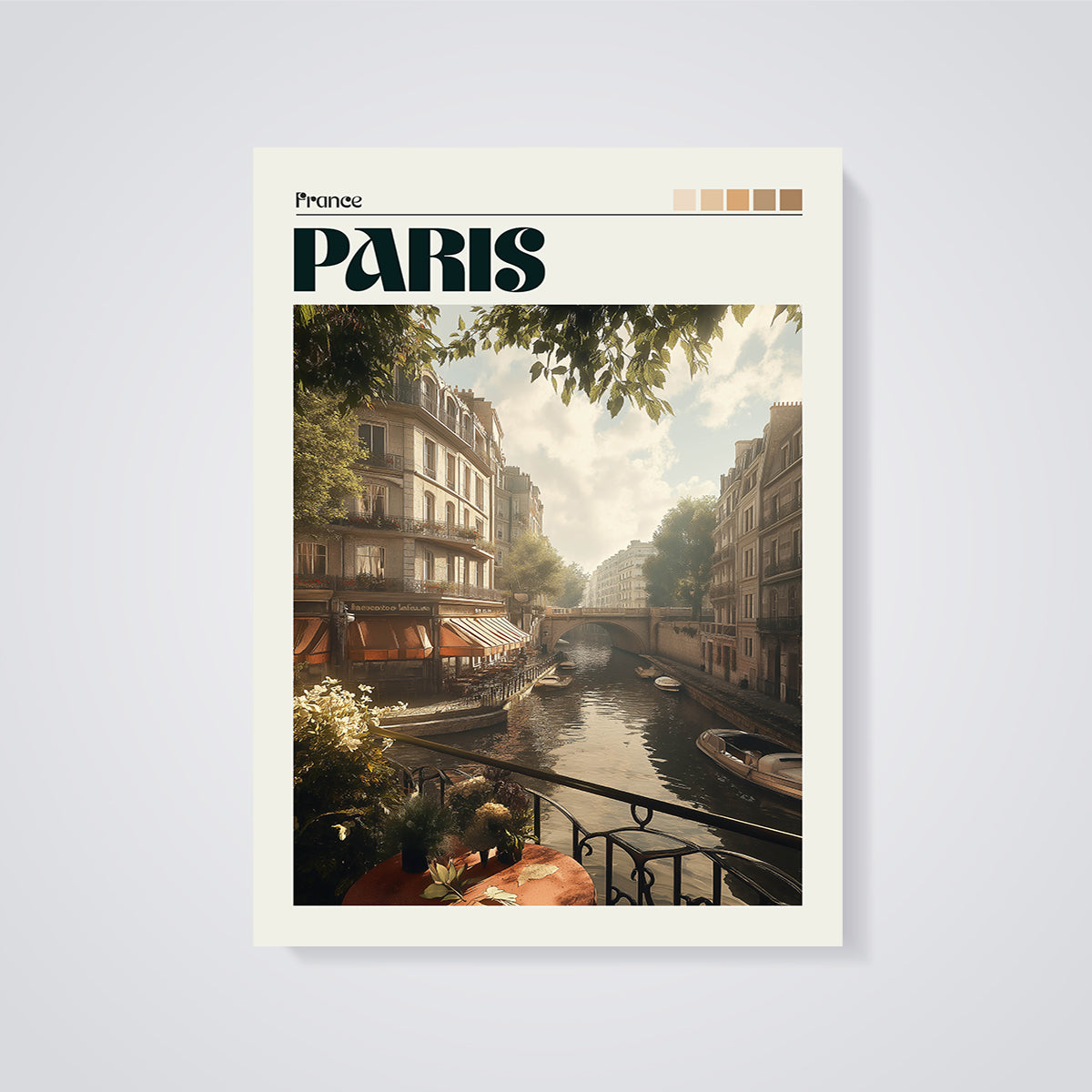 Paris Canal Cafe Print unframed on a grey background