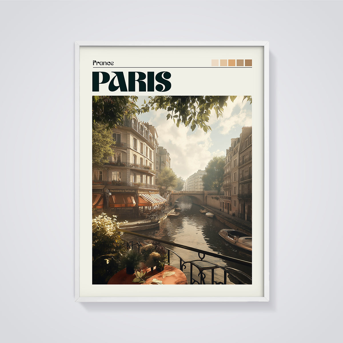 Paris Canal Cafe Print framed in white on a grey background