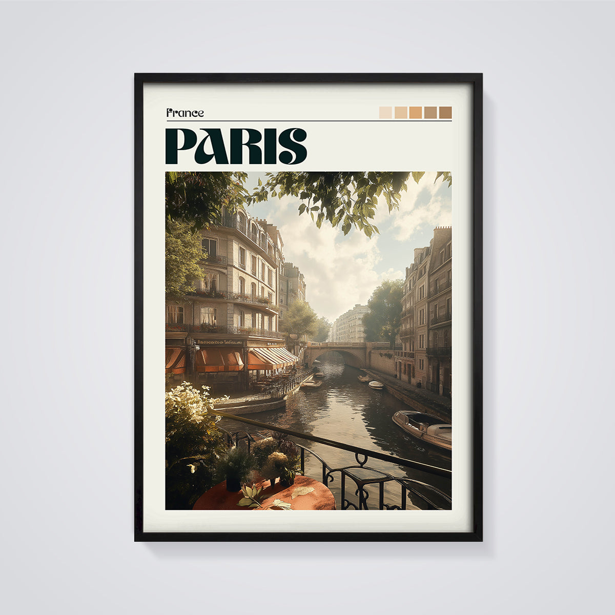 Paris Canal Cafe Print framed in black on a grey background