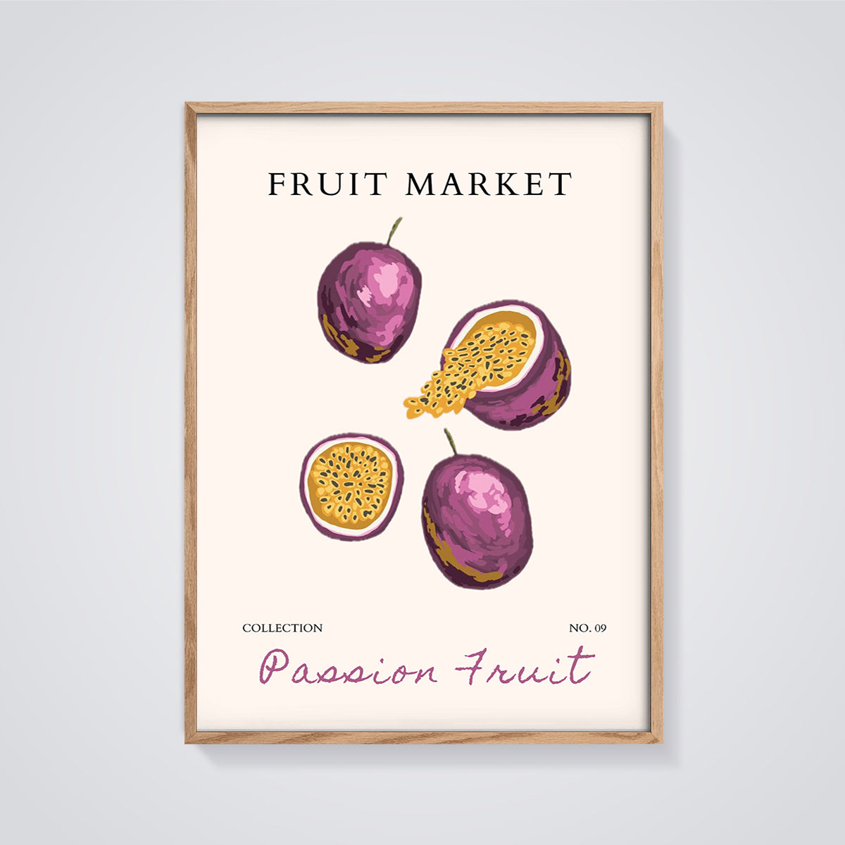 Passion Fruit Market Print framed in oak on a grey background