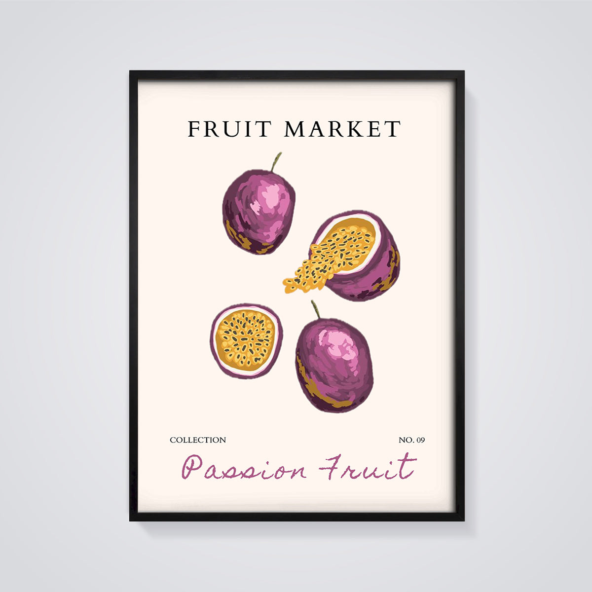 Passion Fruit Market Print framed in black on a grey background
