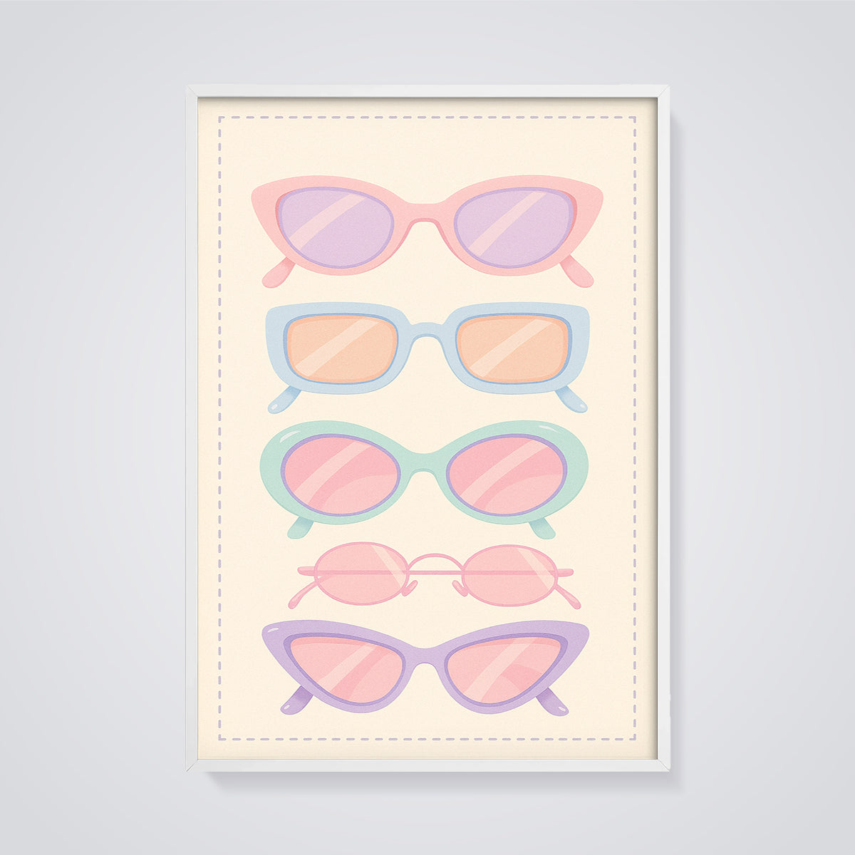 Pastel Sunglasses Style Print framed in white on a grey background