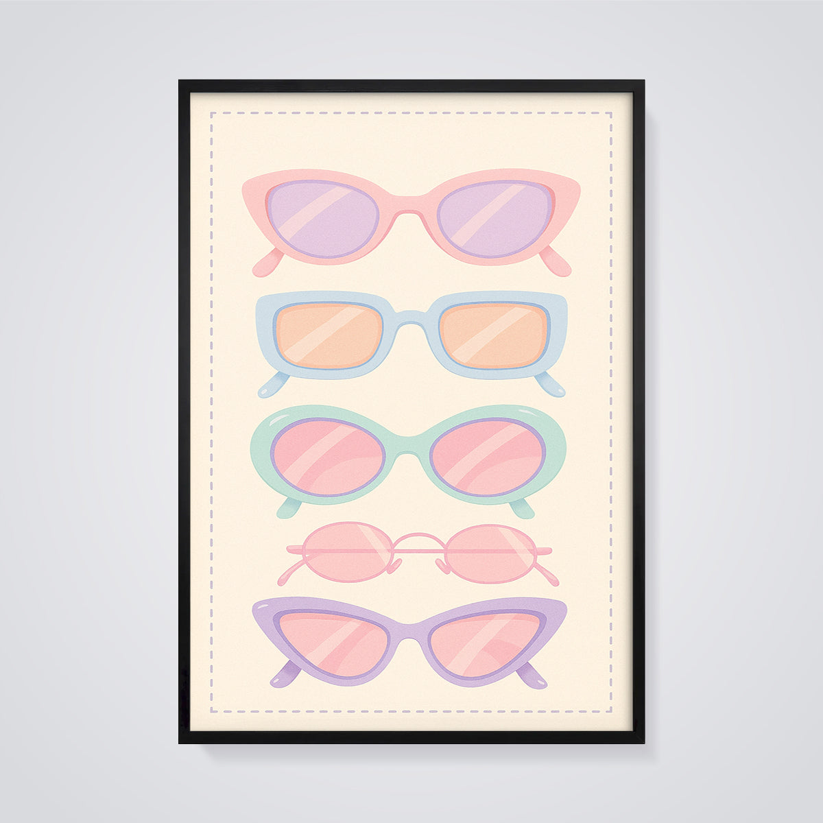 Pastel Sunglasses Style Print framed in black on a grey background