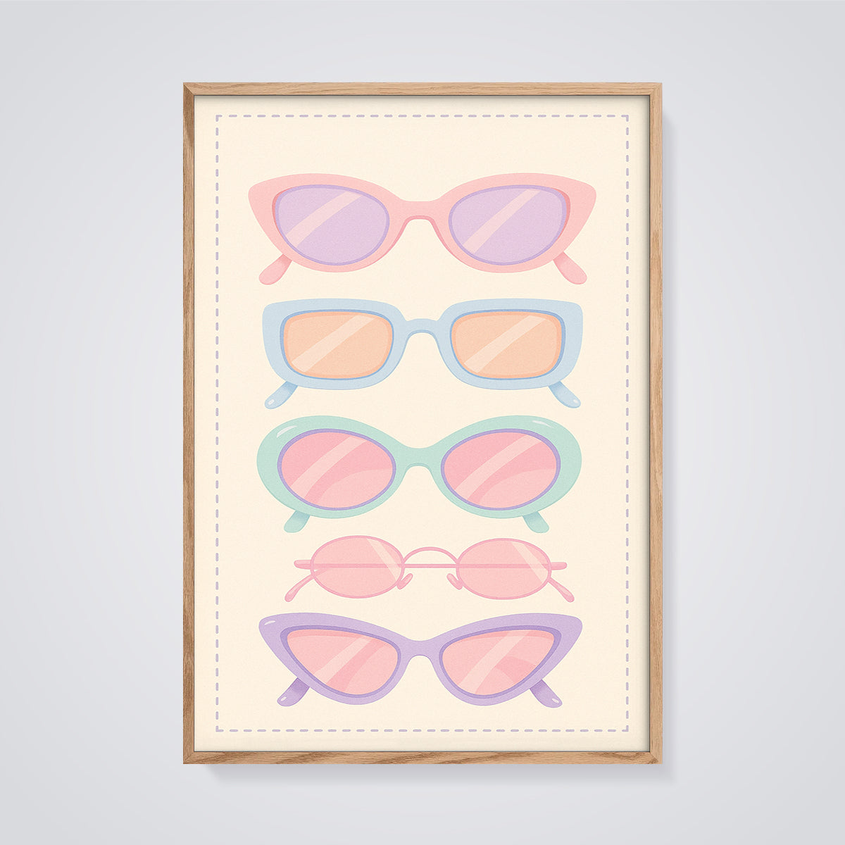Pastel Sunglasses Style Print framed in oak on a grey background