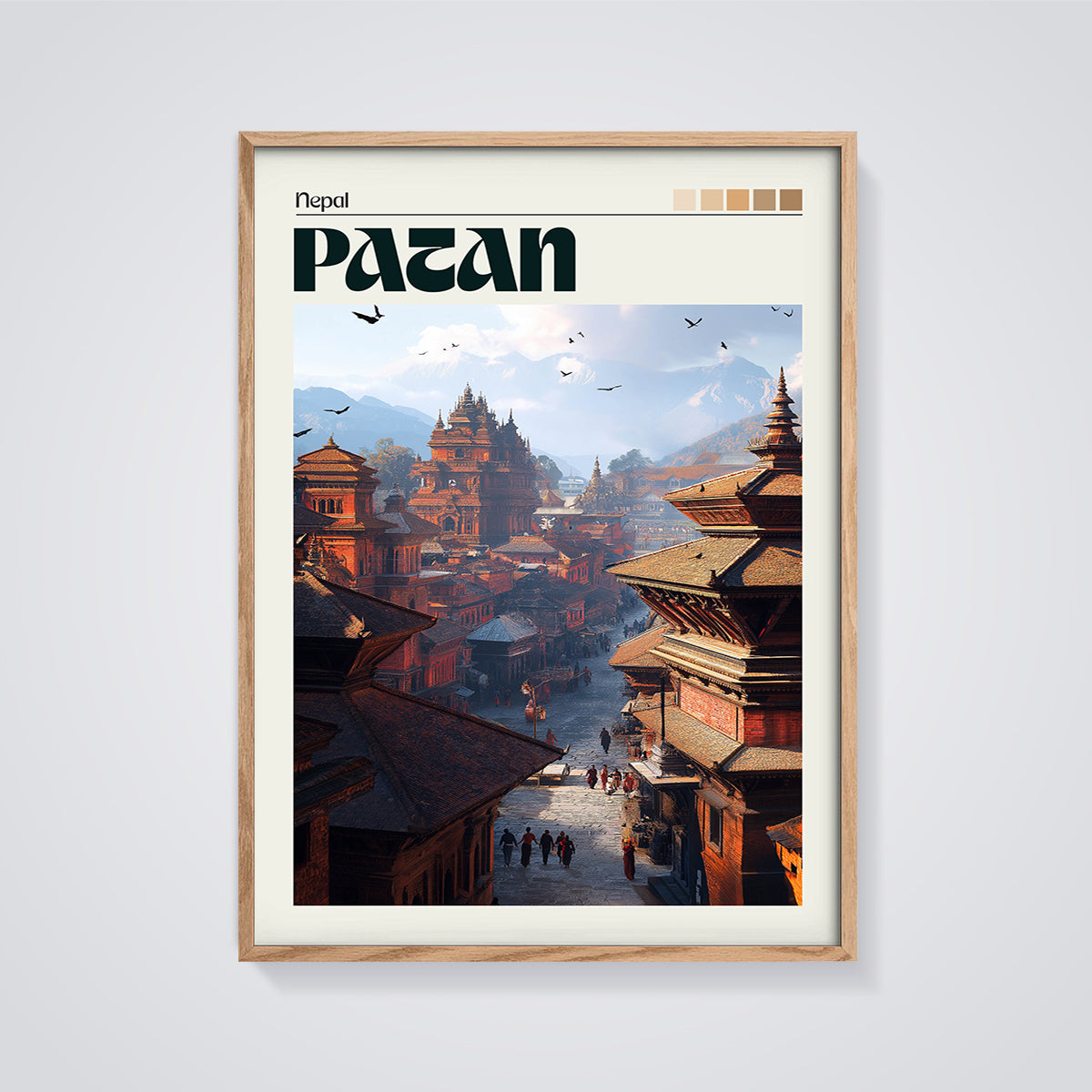Patan Nepal Cityscape Print framed in oak on a grey background